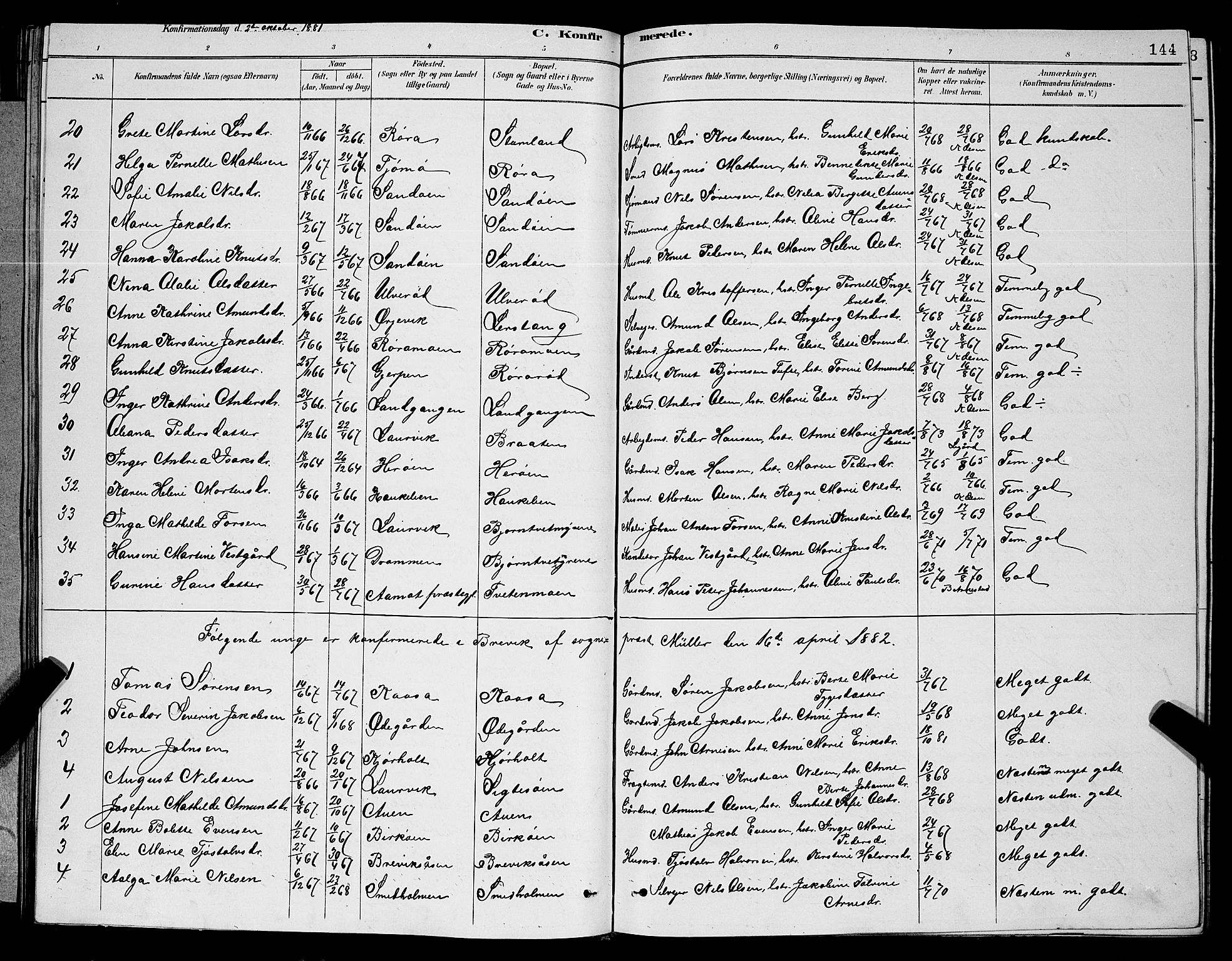 Eidanger kirkebøker, AV/SAKO-A-261/G/Ga/L0002: Klokkerbok nr. 2, 1879-1892, s. 144