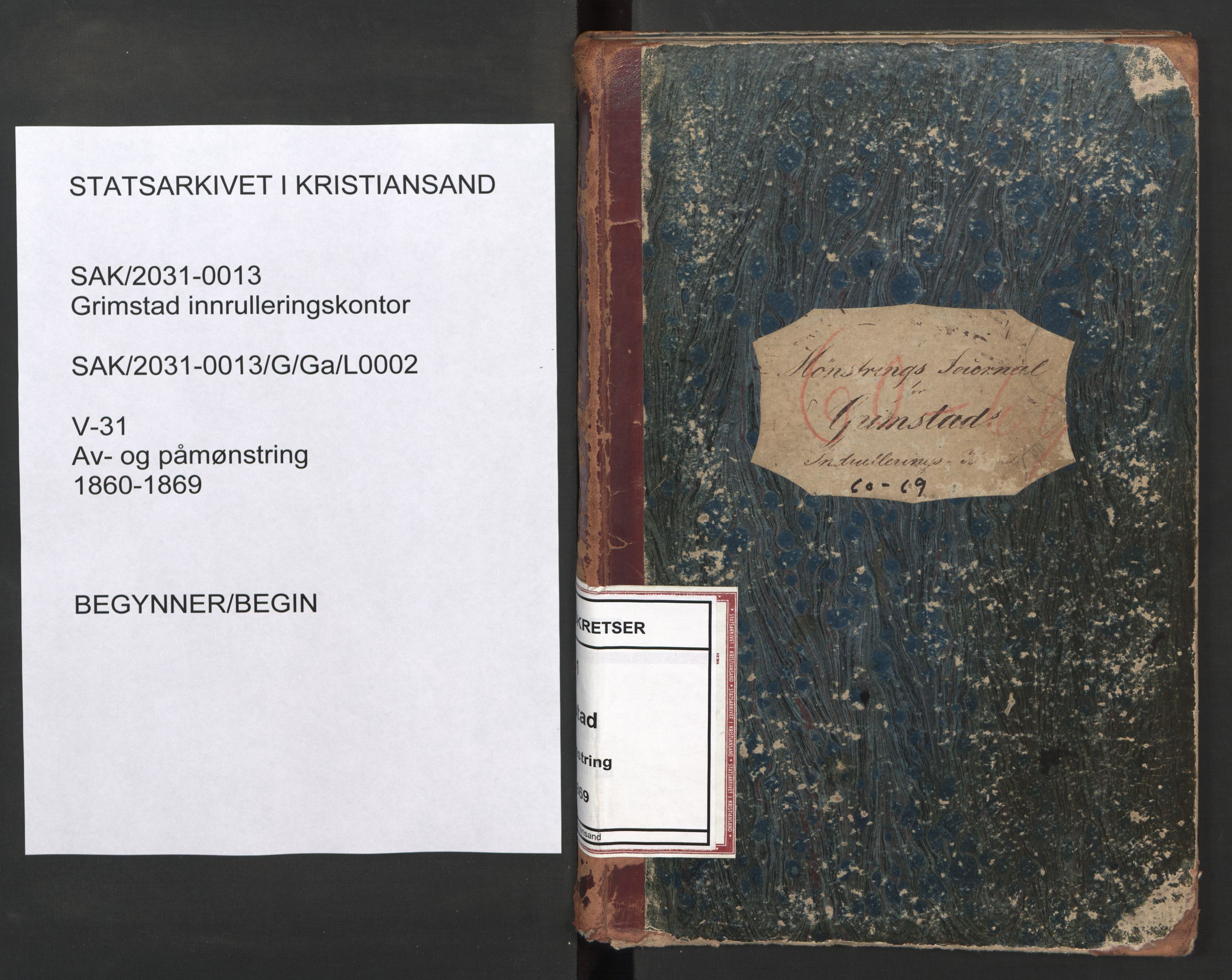 Grimstad mønstringskrets, SAK/2031-0013/G/Ga/L0002: Av- og påmønstring, V-31, 1860-1869, s. 1