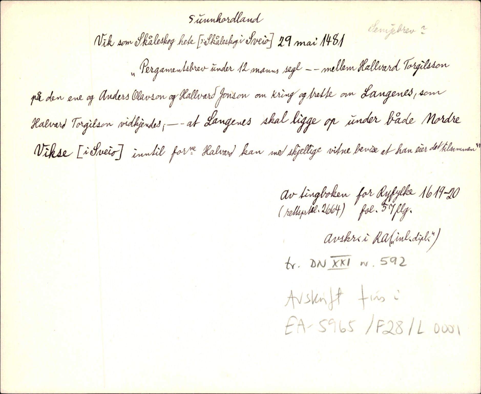 Riksarkivets diplomsamling, AV/RA-EA-5965/F35/F35d/L0001: Innlånte diplomer, seddelregister, 1316-1591, s. 217