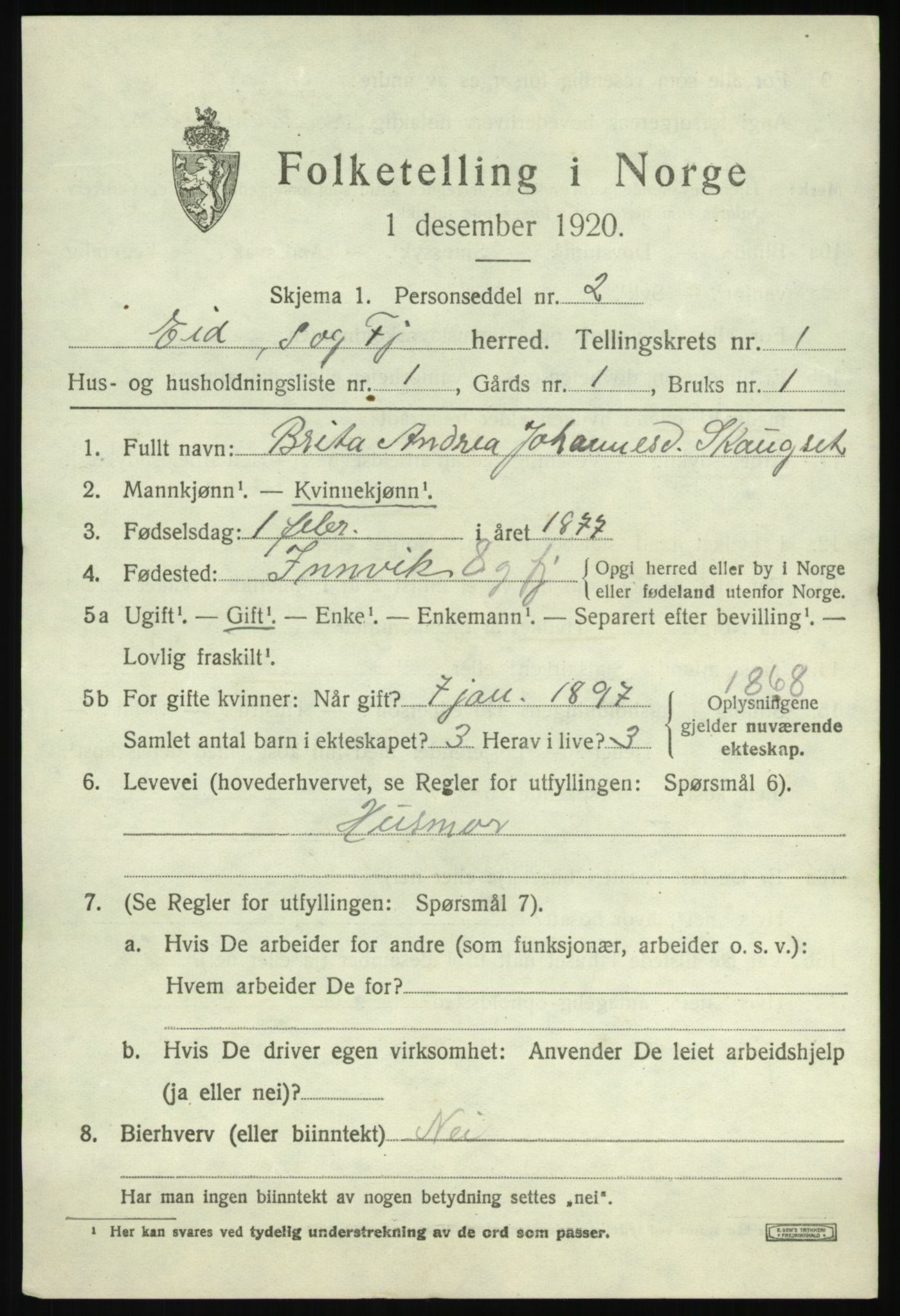 SAB, Folketelling 1920 for 1443 Eid herred, 1920, s. 1146