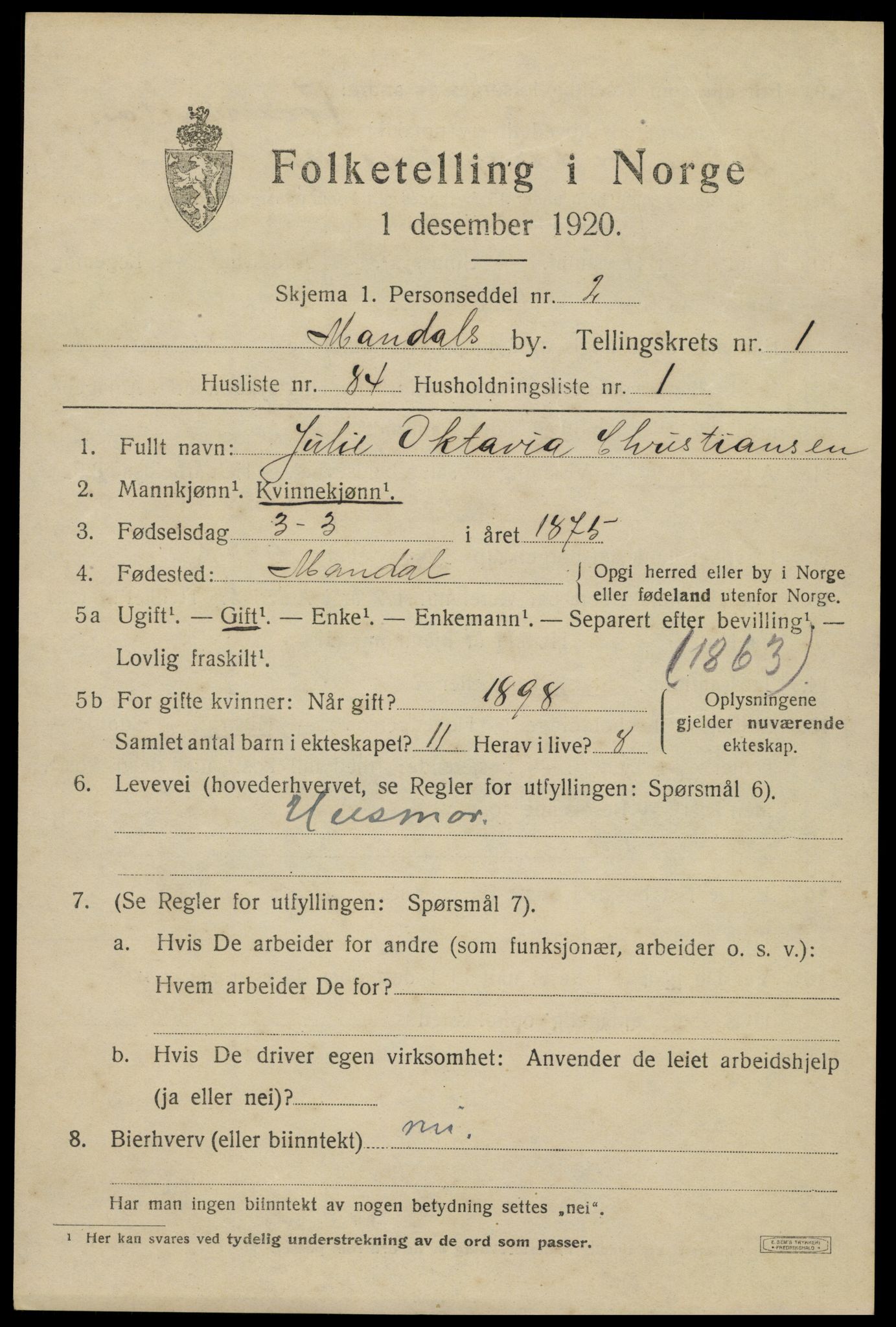 SAK, Folketelling 1920 for 1002 Mandal ladested, 1920, s. 4101