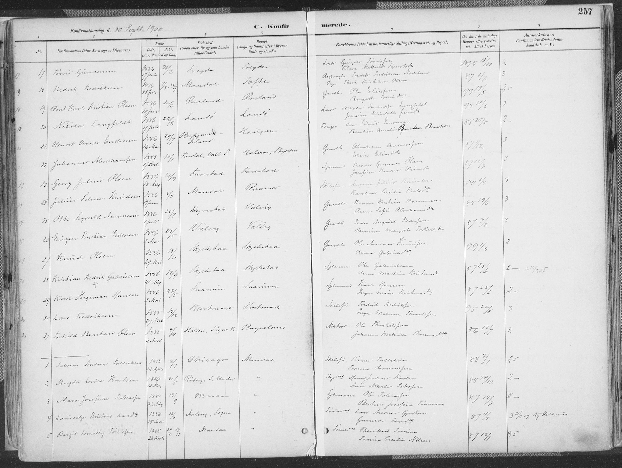 Mandal sokneprestkontor, AV/SAK-1111-0030/F/Fa/Faa/L0018: Ministerialbok nr. A 18, 1890-1905, s. 257