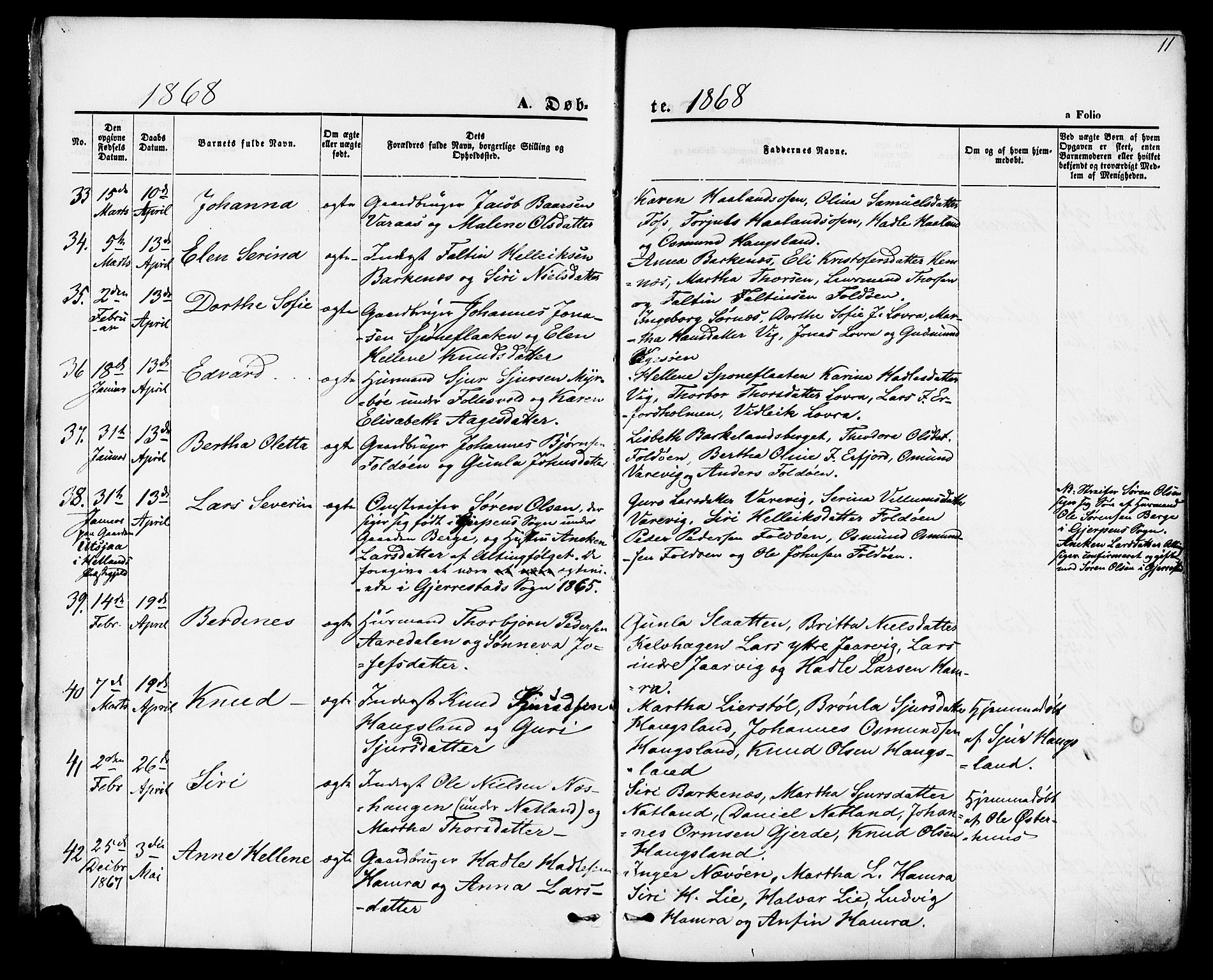 Jelsa sokneprestkontor, AV/SAST-A-101842/01/IV: Ministerialbok nr. A 8, 1867-1883, s. 11