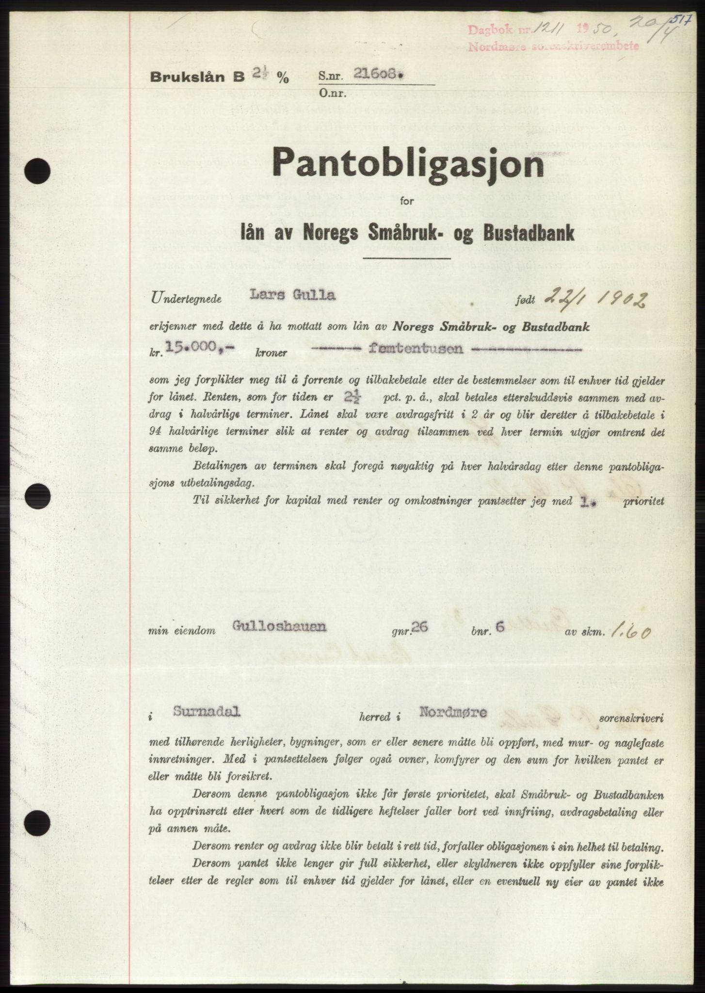 Nordmøre sorenskriveri, SAT/A-4132/1/2/2Ca: Pantebok nr. B104, 1950-1950, Dagboknr: 1211/1950
