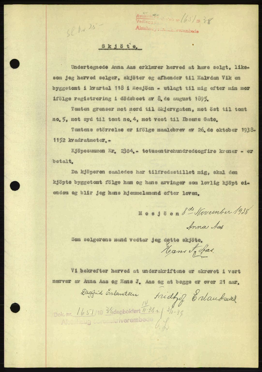 Alstahaug sorenskriveri, SAT/A-1009: Pantebok nr. A3, 1937-1938, Dagboknr: 1651/1938