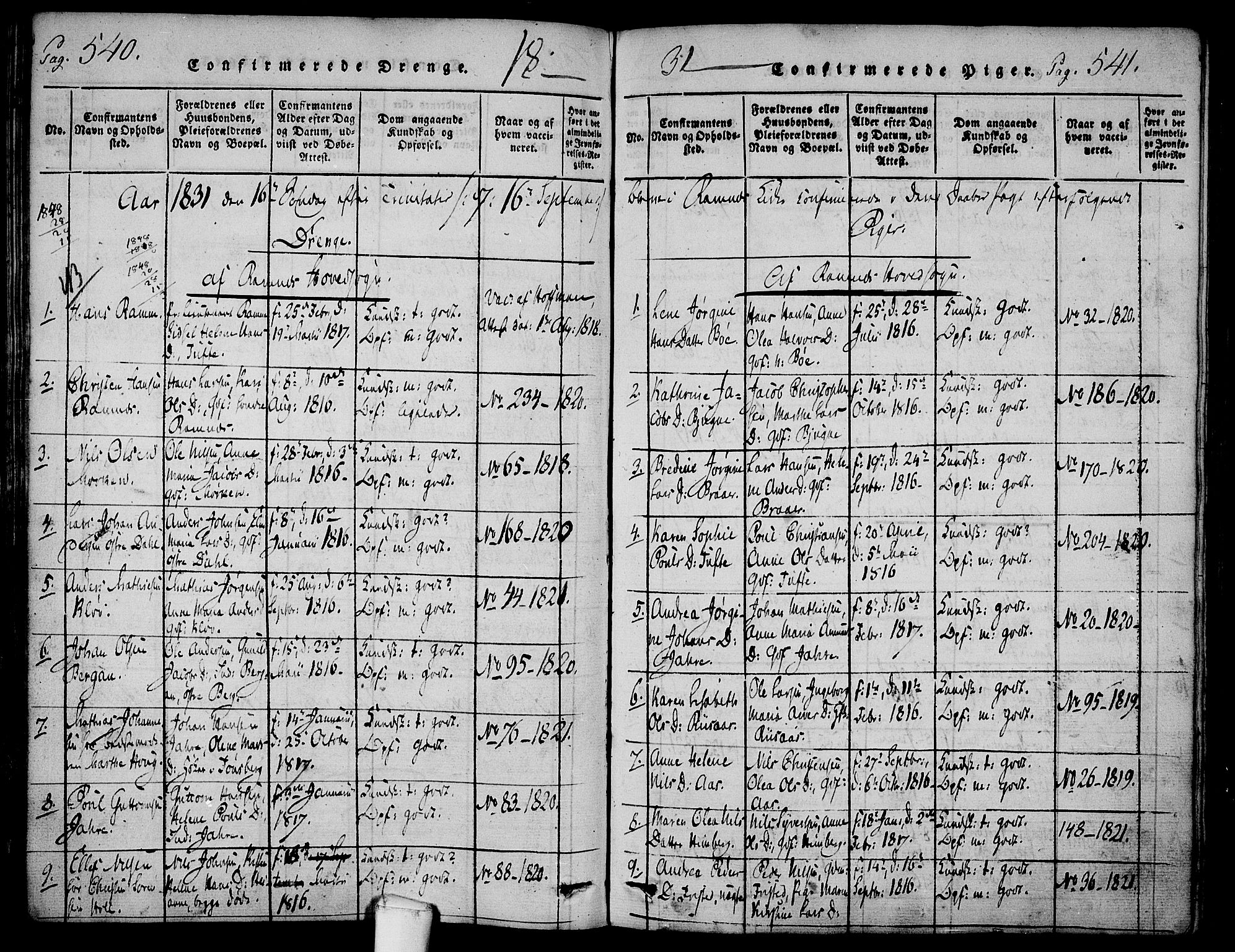 Ramnes kirkebøker, SAKO/A-314/F/Fa/L0004: Ministerialbok nr. I 4, 1813-1840, s. 540-541