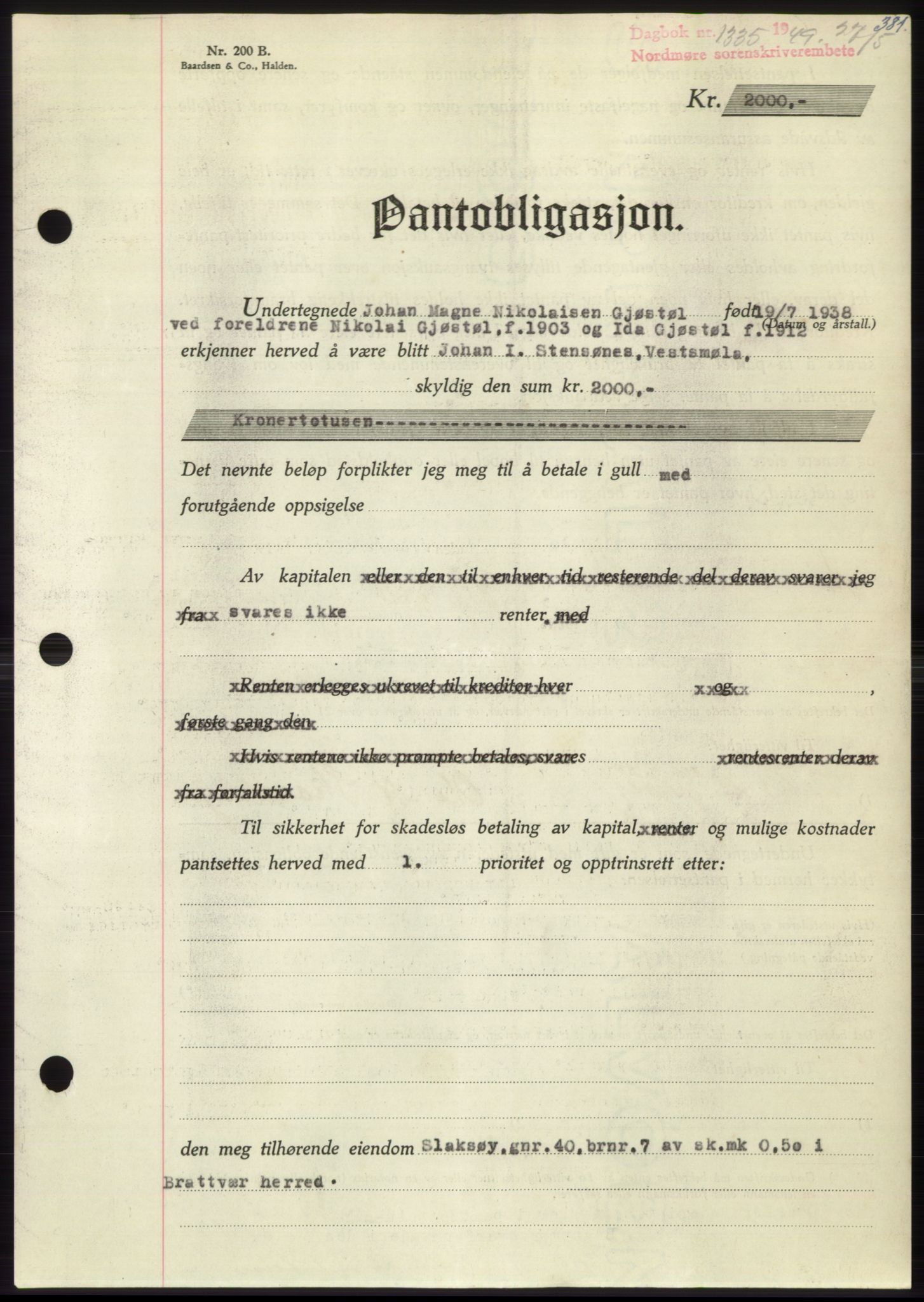 Nordmøre sorenskriveri, SAT/A-4132/1/2/2Ca: Pantebok nr. B101, 1949-1949, Dagboknr: 1335/1949