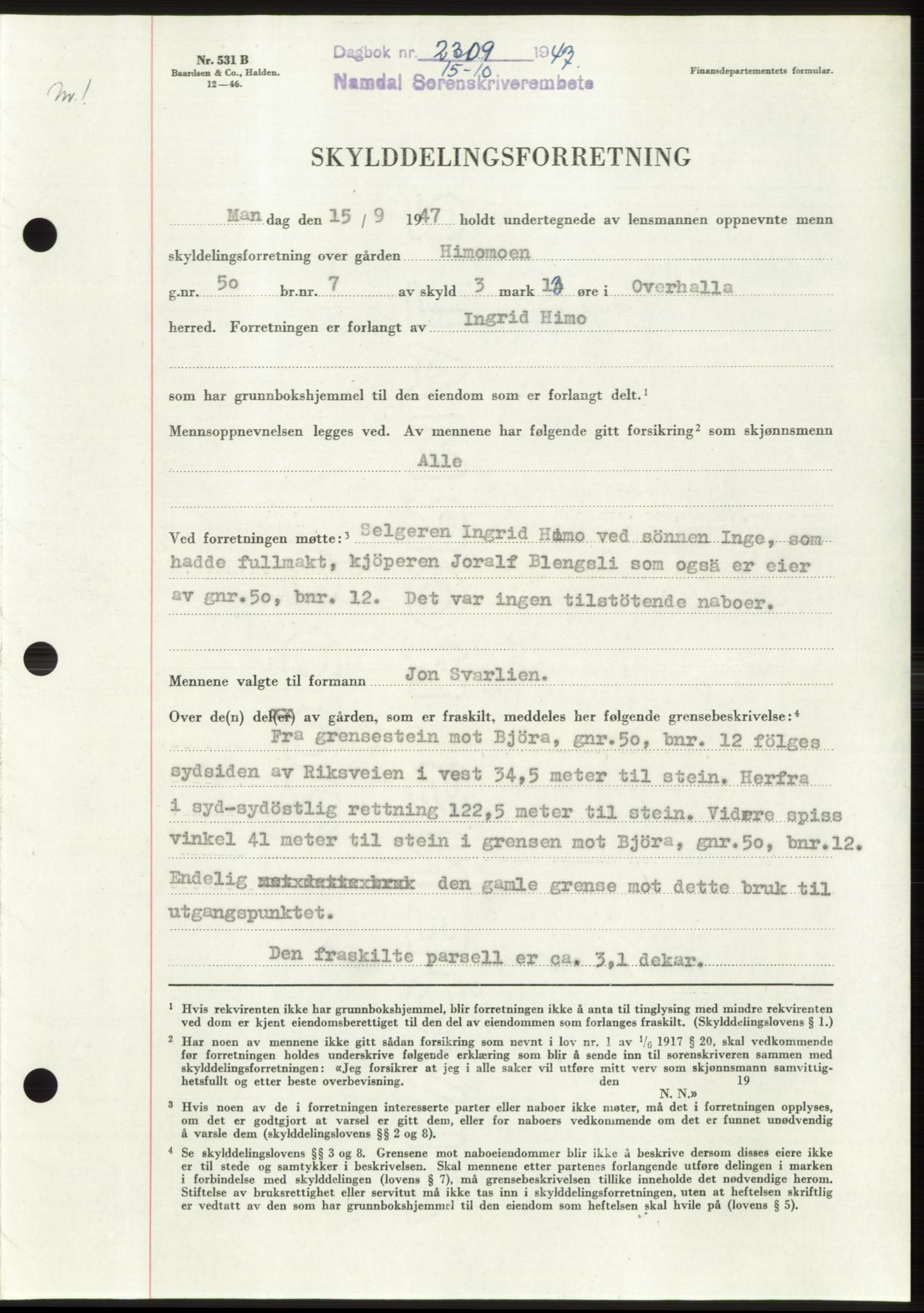 Namdal sorenskriveri, SAT/A-4133/1/2/2C: Pantebok nr. -, 1947-1947, Dagboknr: 2309/1947