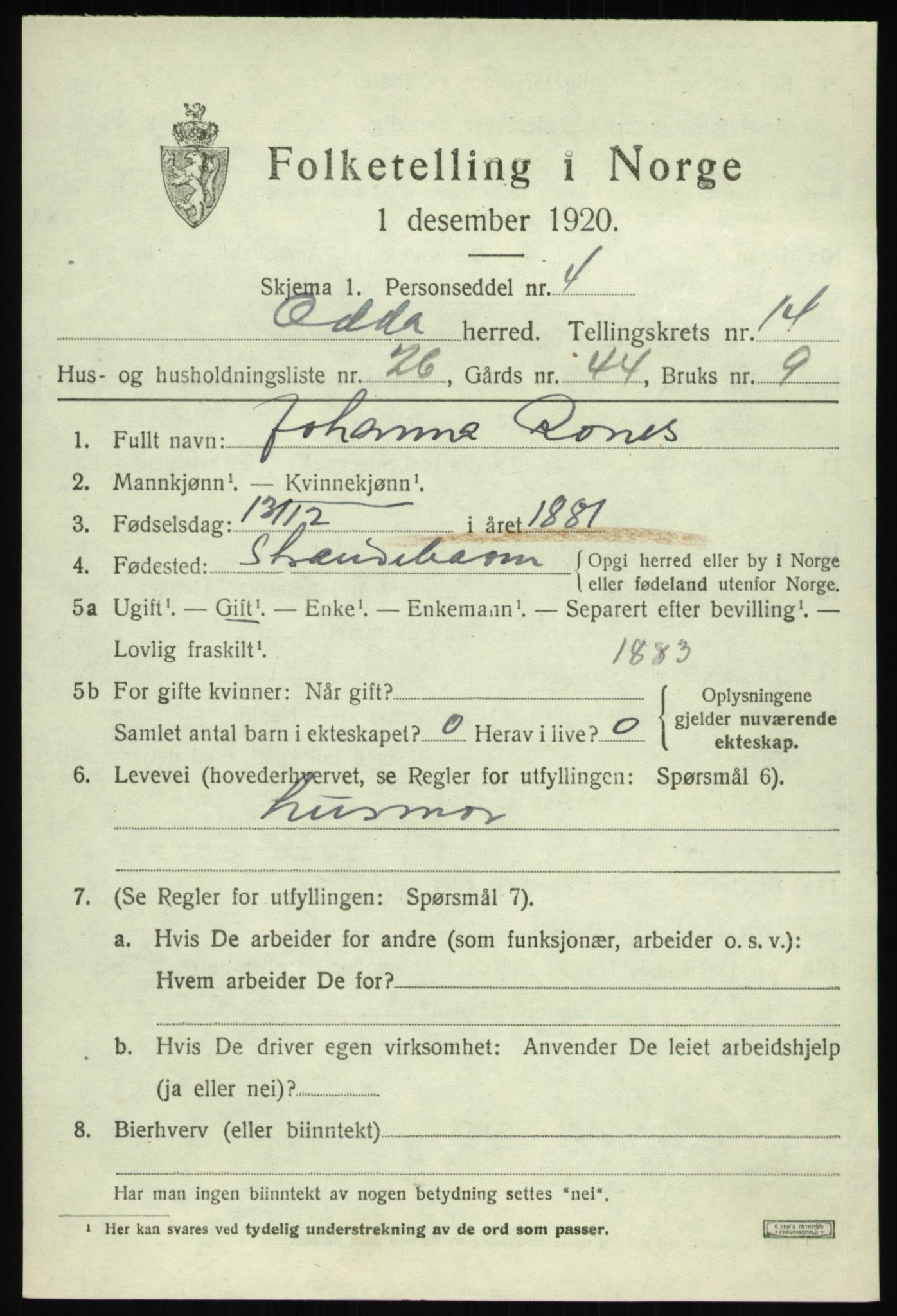 SAB, Folketelling 1920 for 1228 Odda herred, 1920, s. 12409