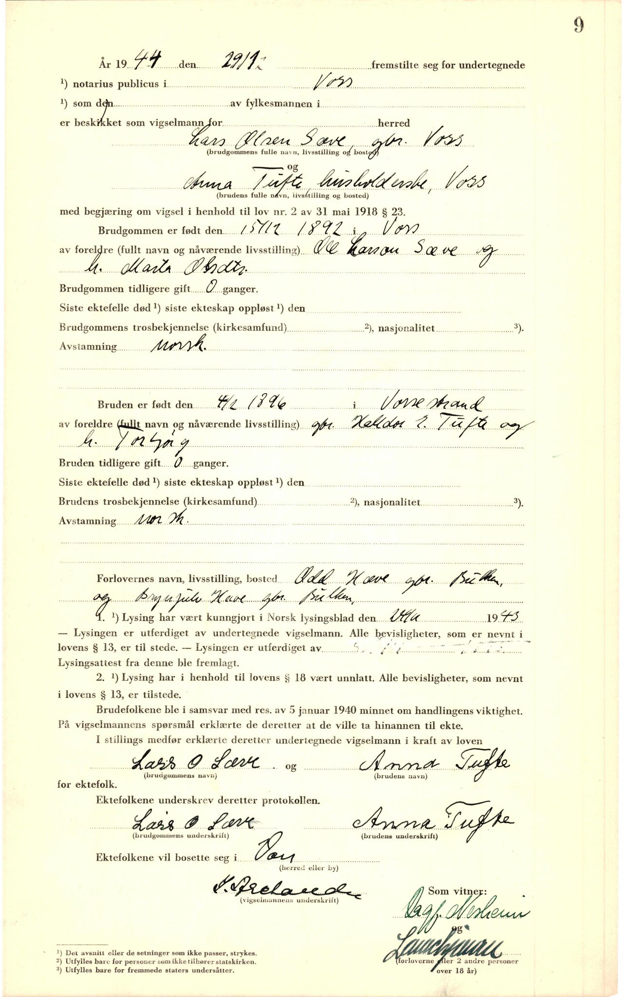 Voss sorenskrivar, AV/SAB-A-2701/M/Maa/L0002: Vigselbok, 1943-1945, s. 9a