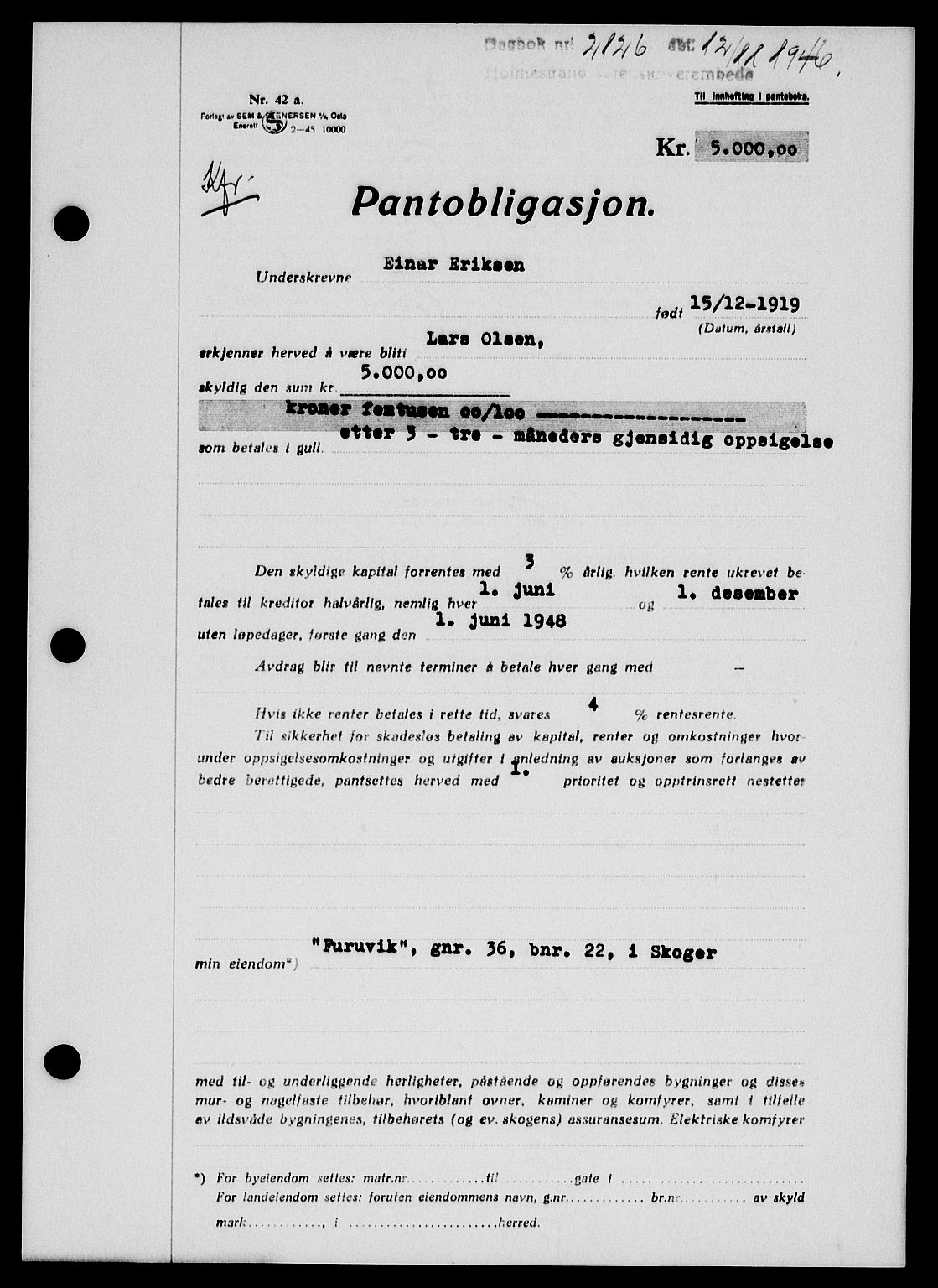 Holmestrand sorenskriveri, SAKO/A-67/G/Ga/Gab/L0058: Pantebok nr. B-58, 1947-1948, Dagboknr: 2126/1947