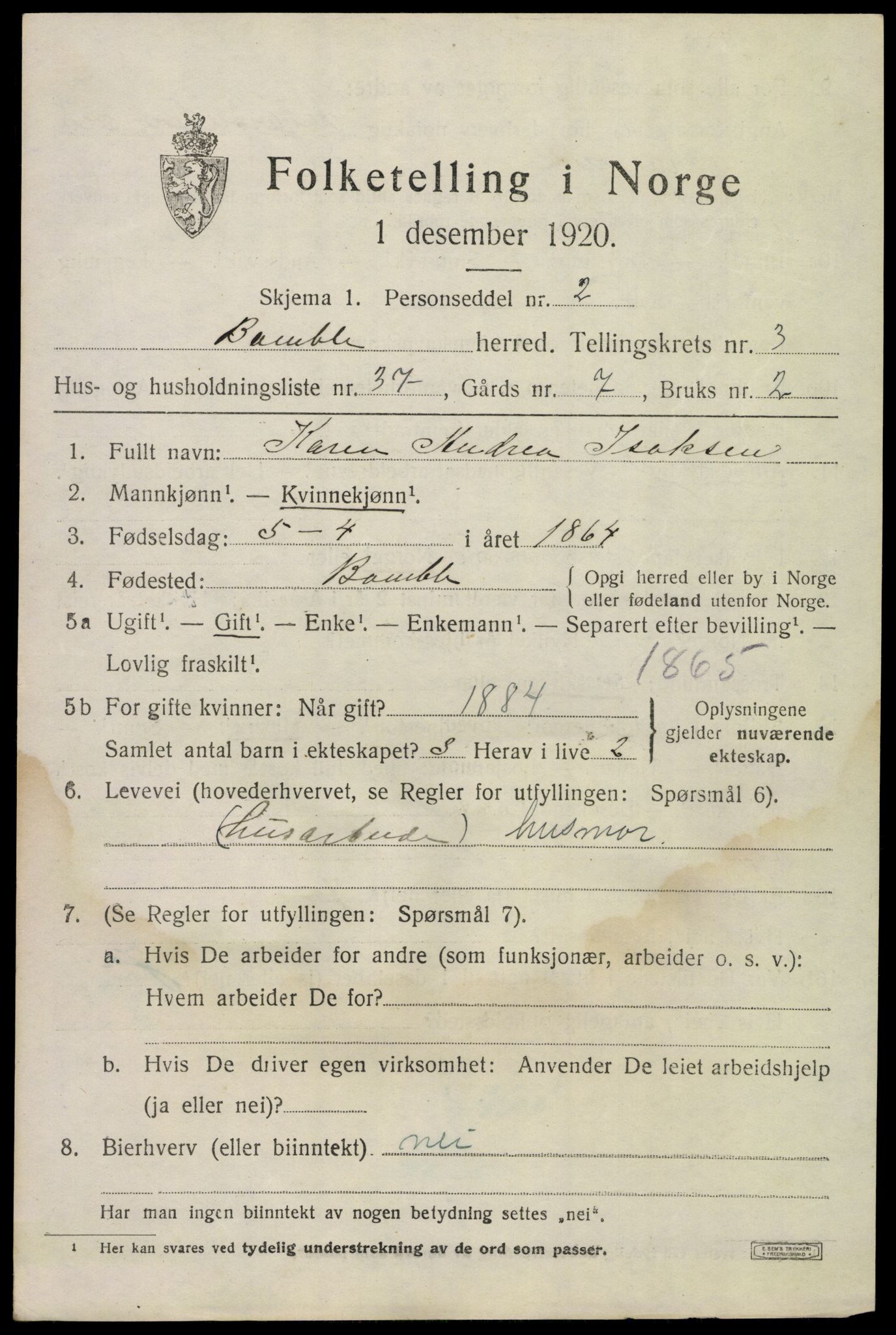 SAKO, Folketelling 1920 for 0814 Bamble herred, 1920, s. 4201