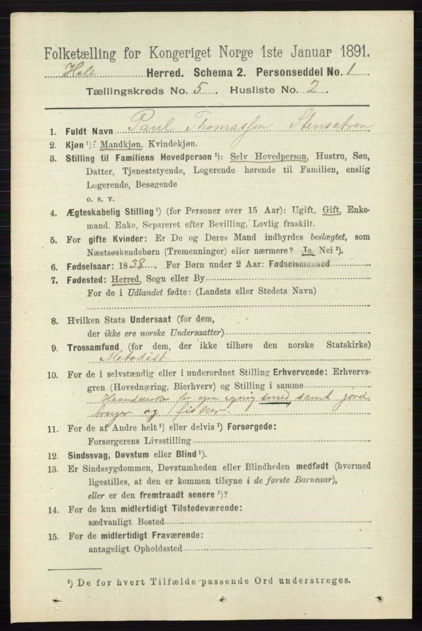 RA, Folketelling 1891 for 0612 Hole herred, 1891, s. 2537