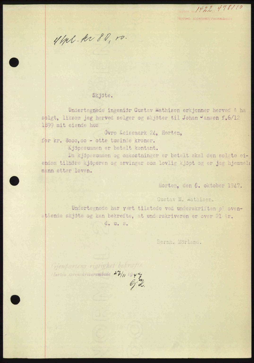 Horten sorenskriveri, SAKO/A-133/G/Ga/Gaa/L0009: Pantebok nr. A-9, 1947-1947, Dagboknr: 1422/1947
