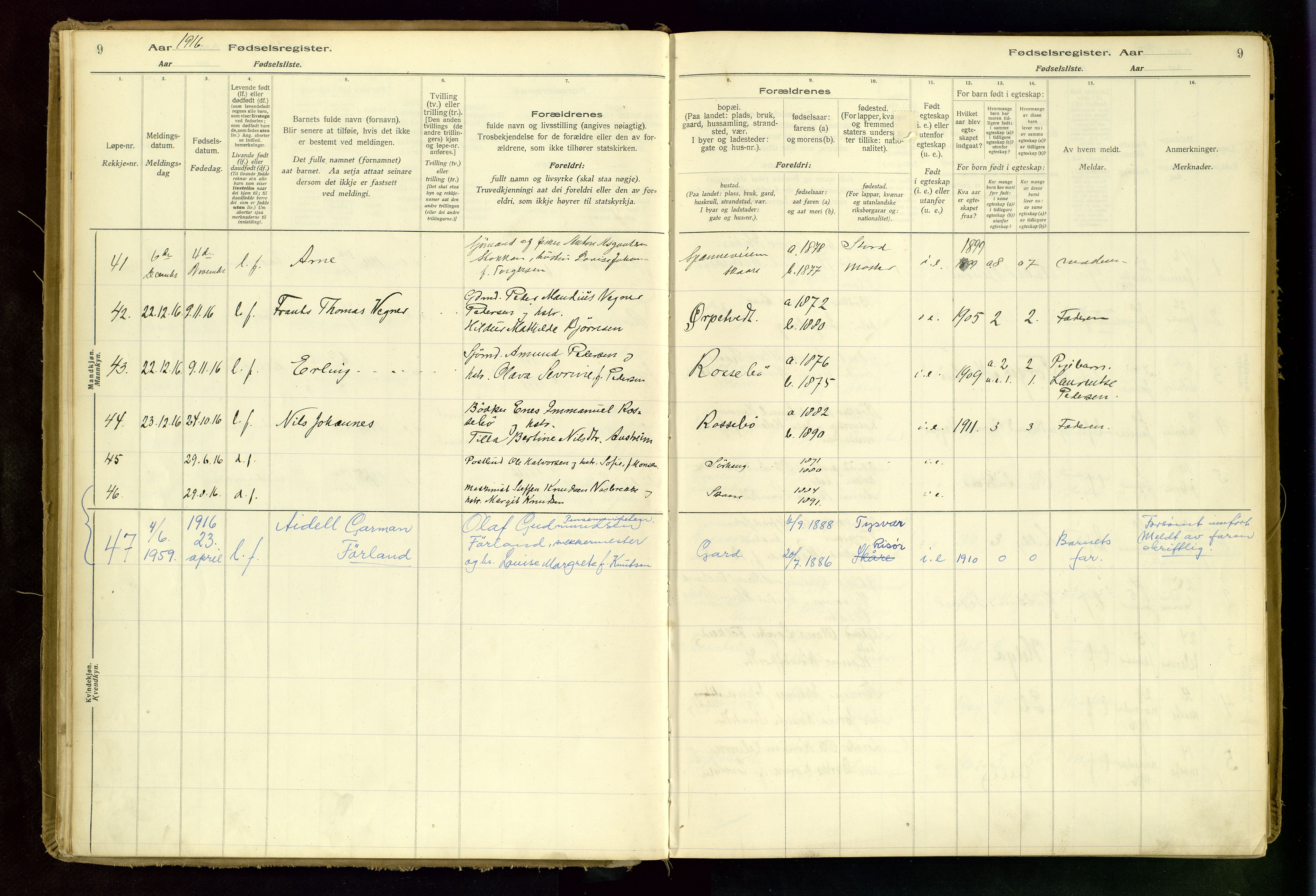 Haugesund sokneprestkontor, AV/SAST-A -101863/I/Id/L0001: Fødselsregister nr. 1, 1916-1935, s. 9