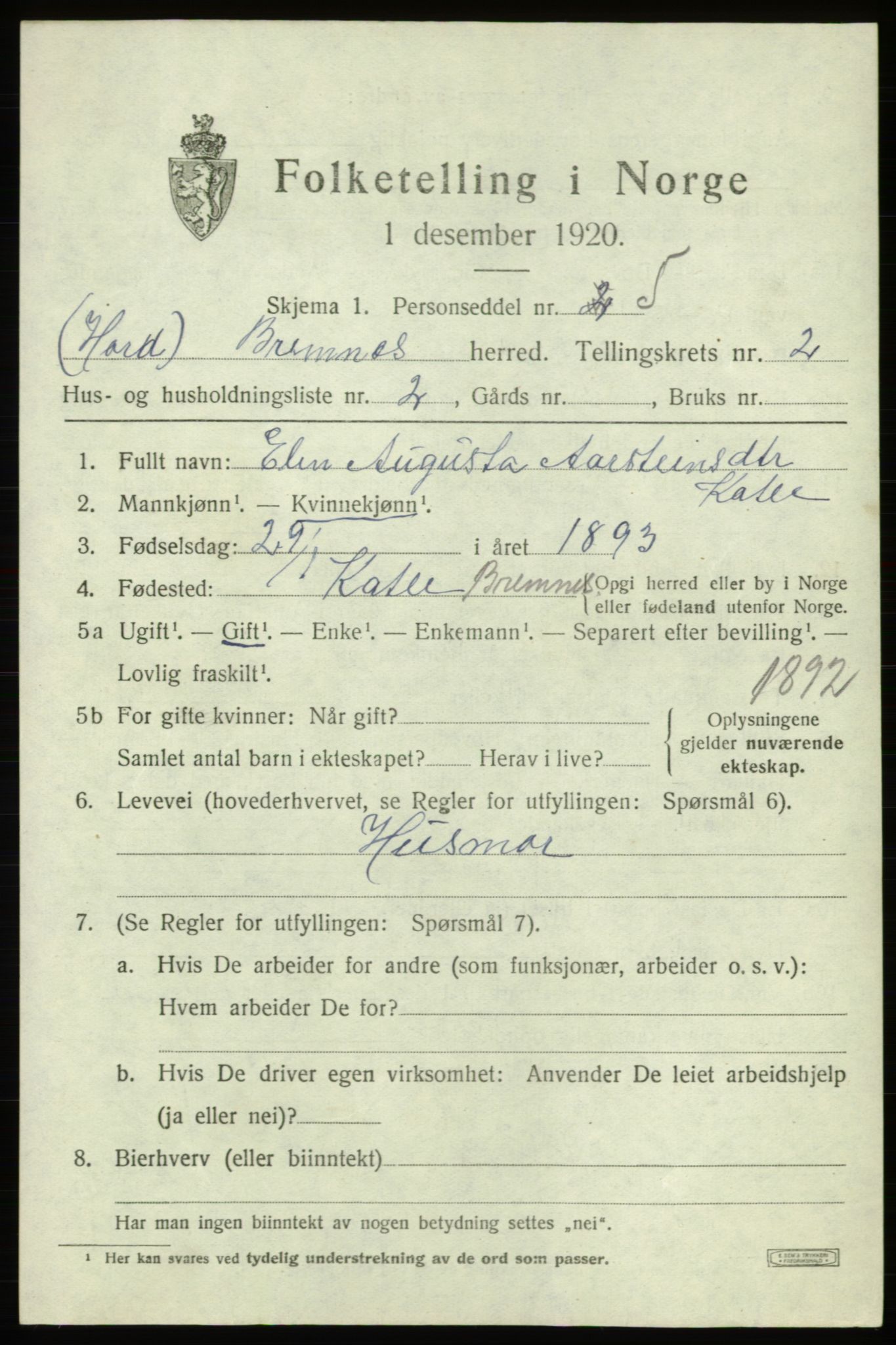 SAB, Folketelling 1920 for 1220 Bremnes herred, 1920, s. 1326