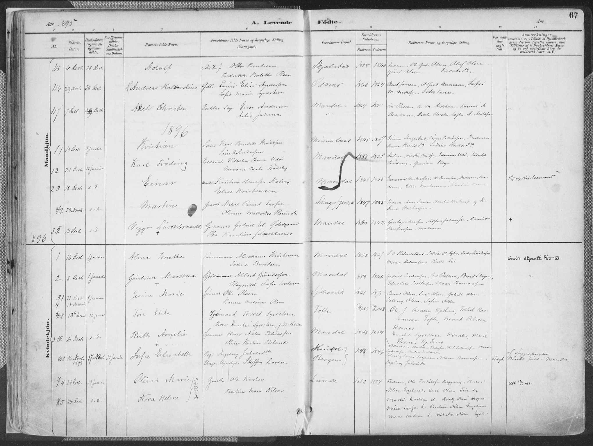 Mandal sokneprestkontor, AV/SAK-1111-0030/F/Fa/Faa/L0018: Ministerialbok nr. A 18, 1890-1905, s. 67