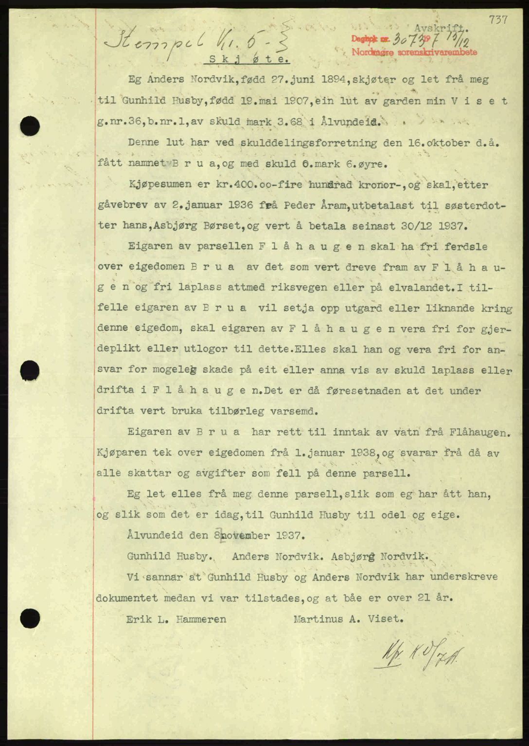 Nordmøre sorenskriveri, SAT/A-4132/1/2/2Ca: Pantebok nr. A82, 1937-1938, Dagboknr: 3073/1937