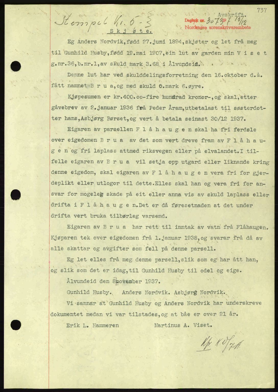 Nordmøre sorenskriveri, AV/SAT-A-4132/1/2/2Ca: Pantebok nr. A82, 1937-1938, Dagboknr: 3073/1937