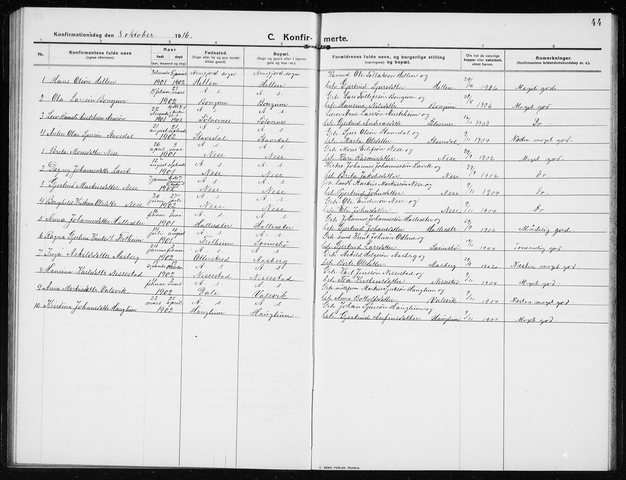 Vik sokneprestembete, AV/SAB-A-81501/H/Hab/Habb/L0004: Klokkerbok nr. B 4, 1913-1938, s. 44