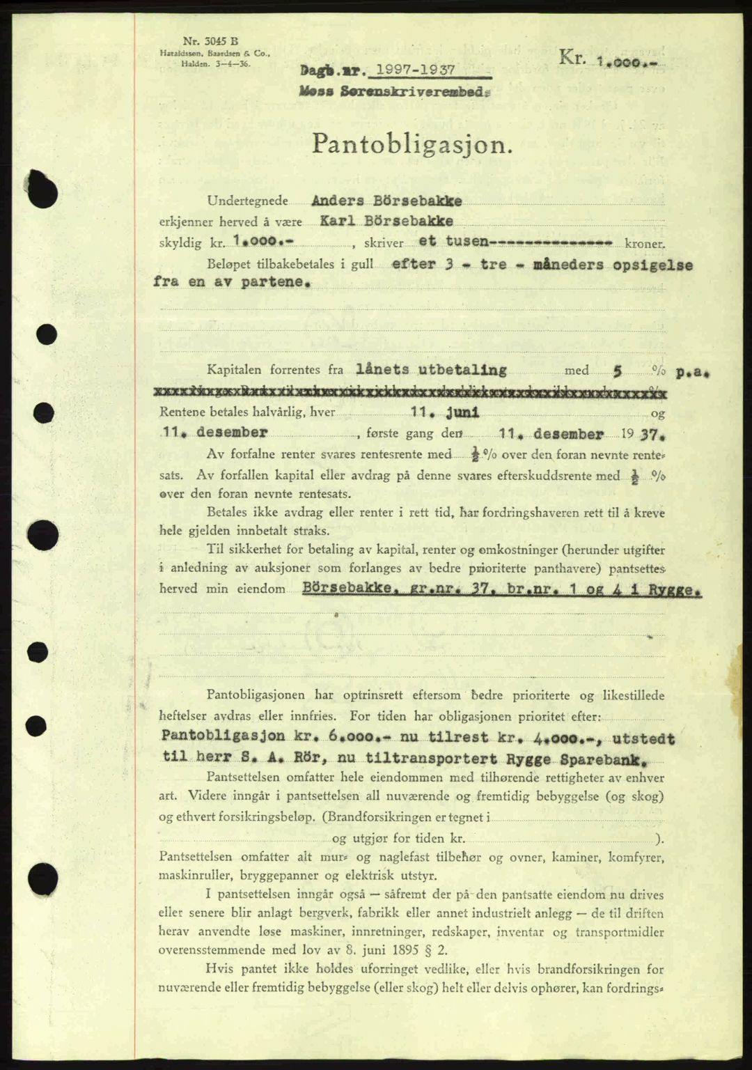 Moss sorenskriveri, SAO/A-10168: Pantebok nr. B4, 1937-1938, Dagboknr: 1997/1937