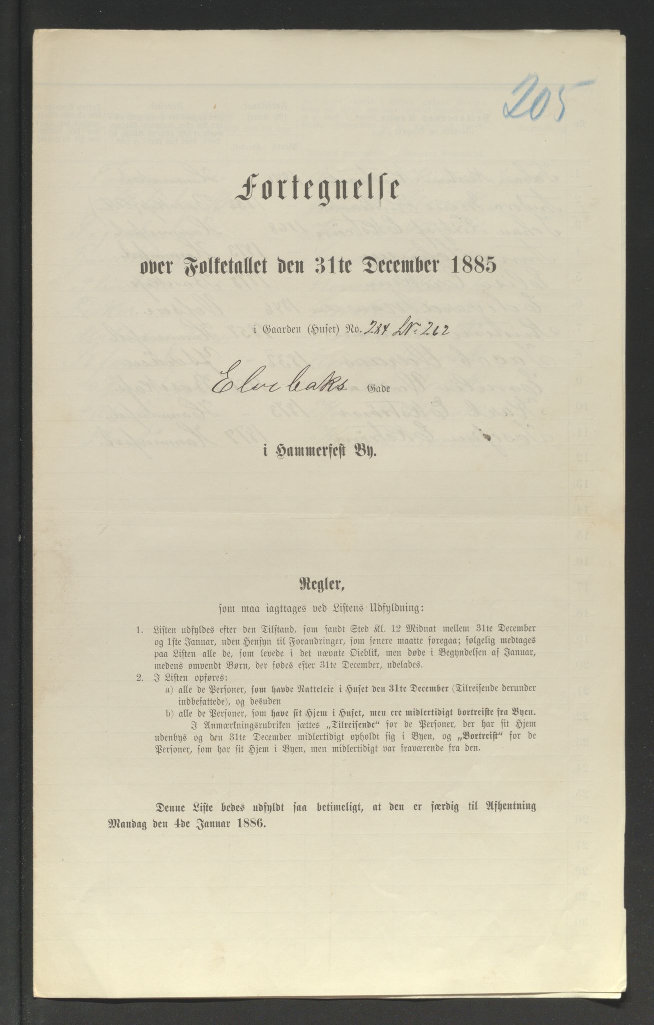 SATØ, Folketelling 1885 for 2001 Hammerfest kjøpstad, 1885, s. 205a