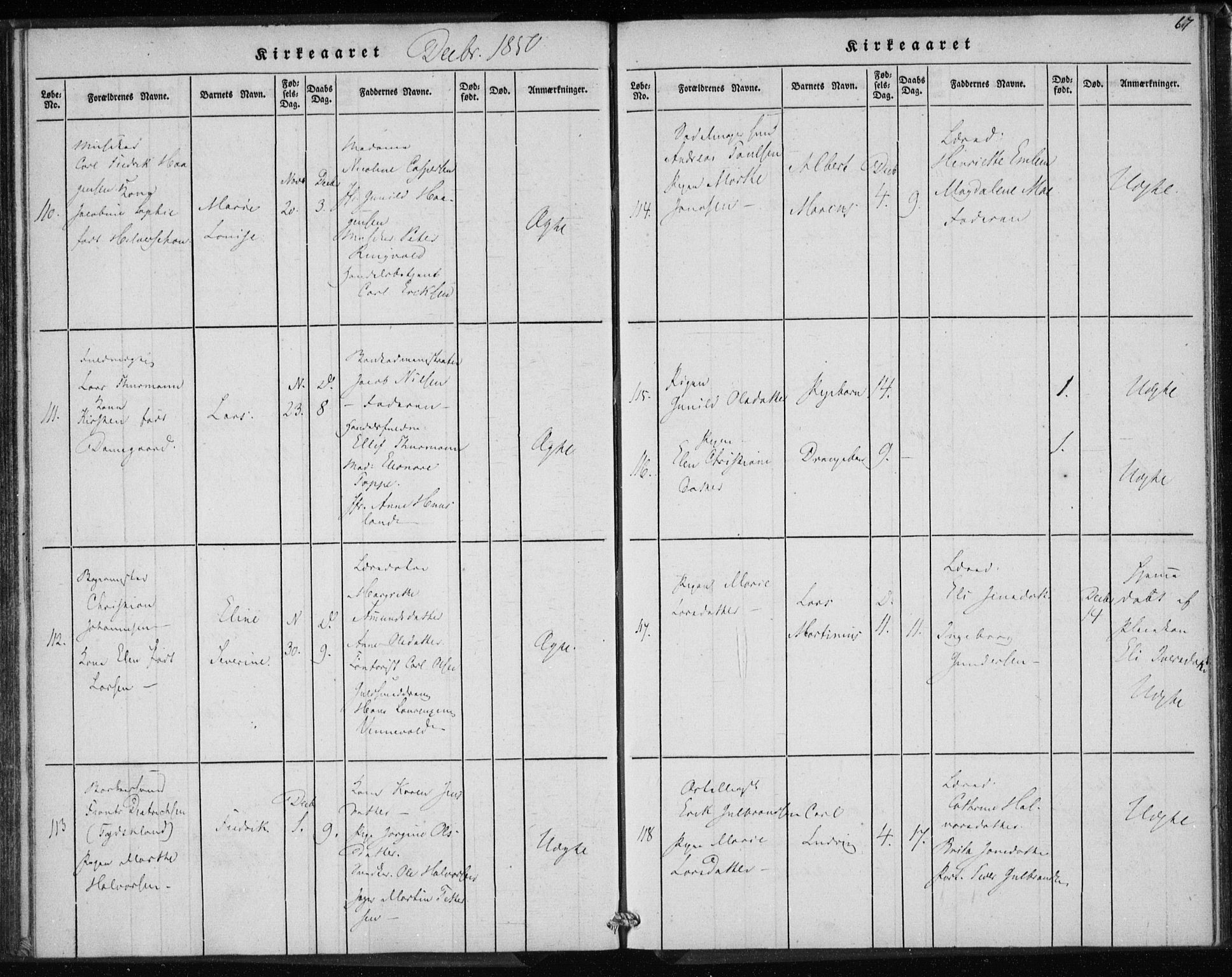 Rikshospitalet prestekontor Kirkebøker, AV/SAO-A-10309b/K/L0001/0003: Dåpsbok nr. 1.3, 1848-1854, s. 67