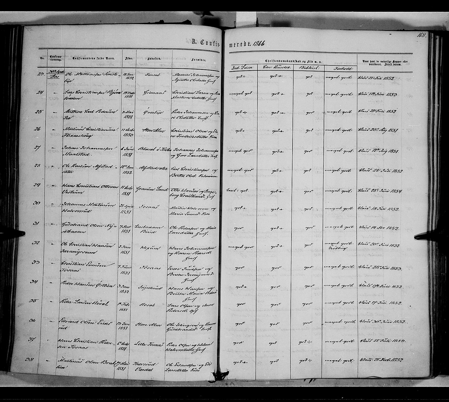 Vestre Toten prestekontor, SAH/PREST-108/H/Ha/Haa/L0007: Ministerialbok nr. 7, 1862-1869, s. 168