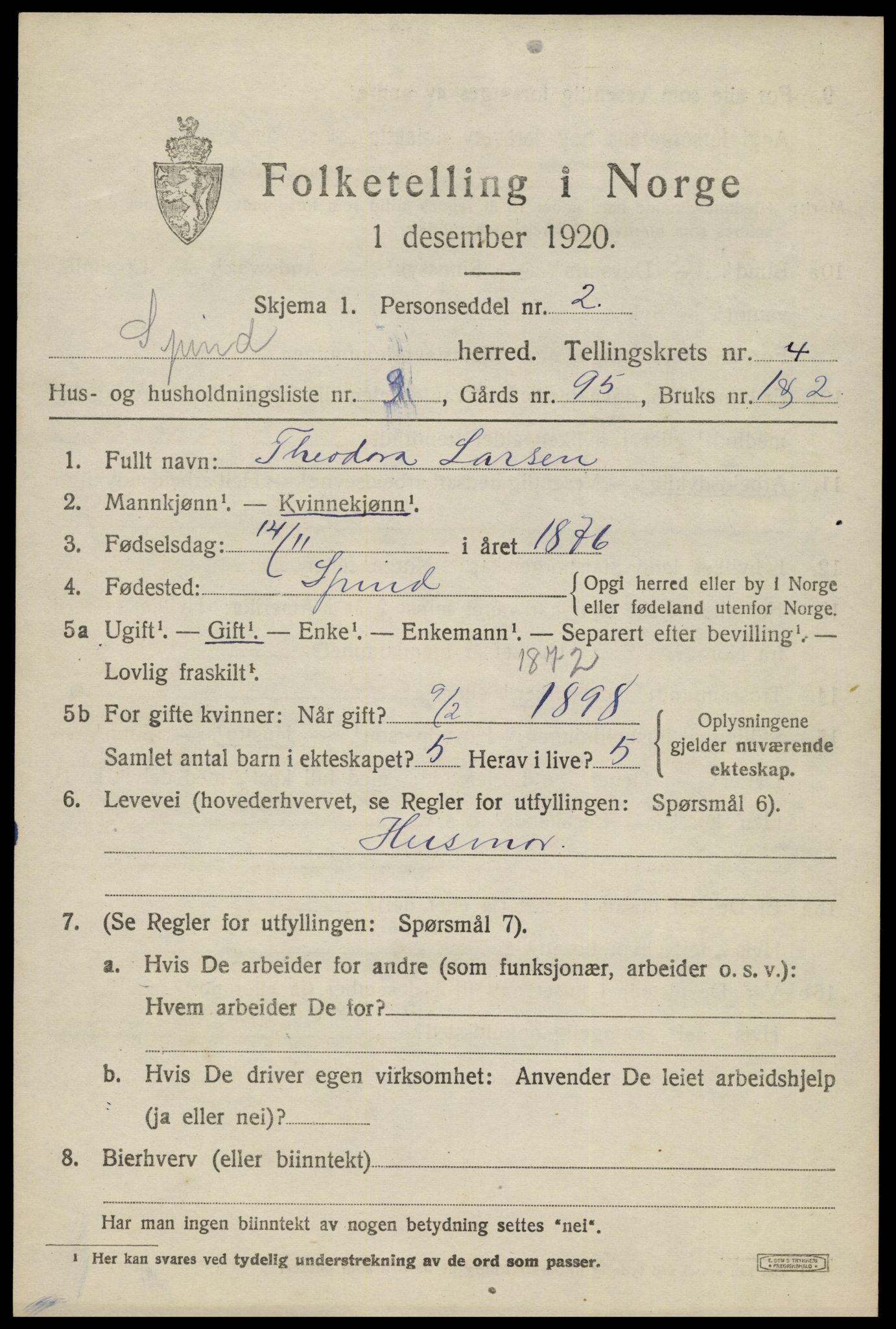 SAK, Folketelling 1920 for 1040 Spind herred, 1920, s. 2201
