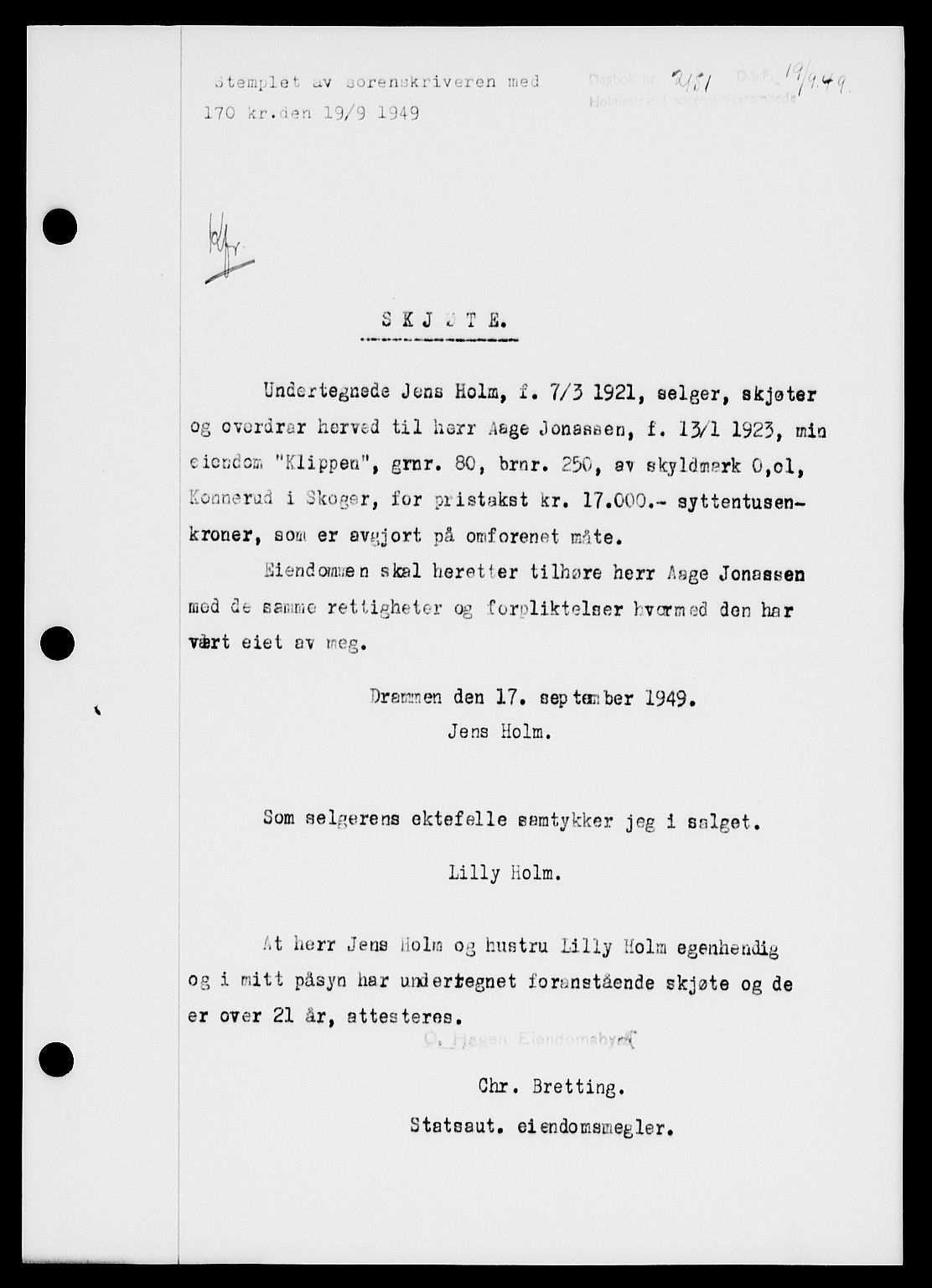 Holmestrand sorenskriveri, SAKO/A-67/G/Ga/Gaa/L0067: Pantebok nr. A-67, 1949-1949, Dagboknr: 2151/1949
