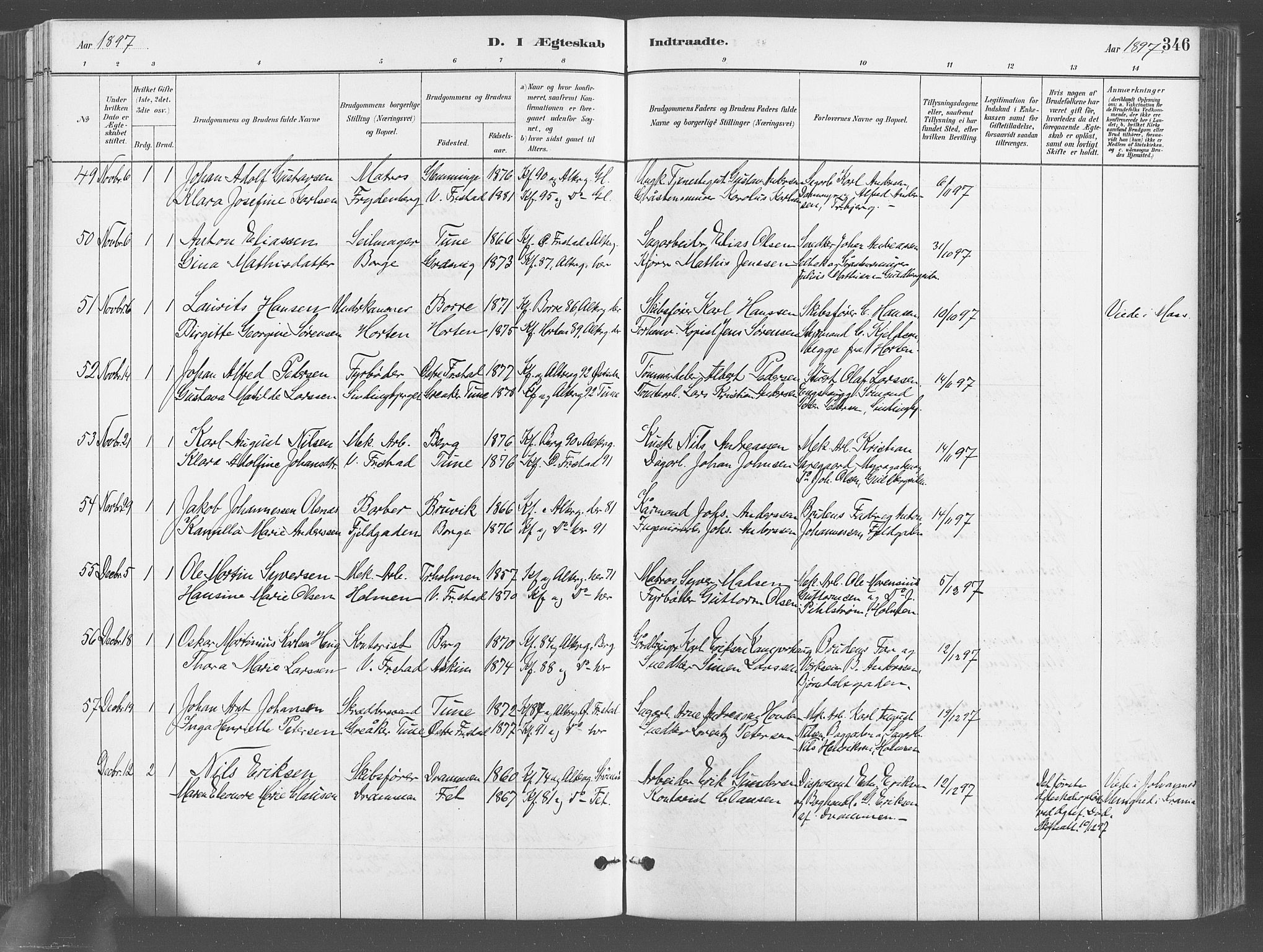 Fredrikstad domkirkes prestekontor Kirkebøker, AV/SAO-A-10906/G/Ga/L0003: Klokkerbok nr. 3, 1880-1900, s. 346