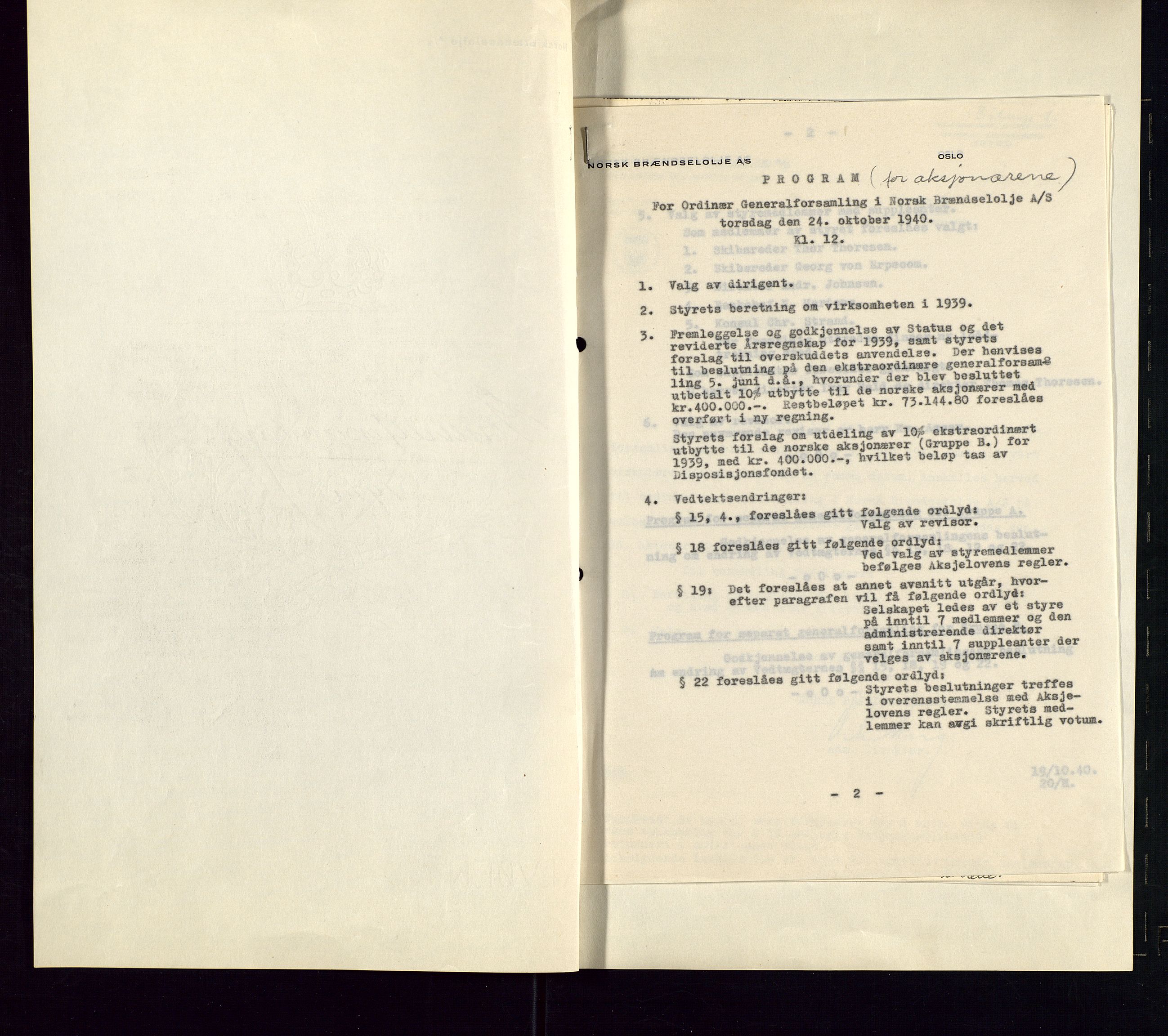 PA 1544 - Norsk Brændselolje A/S, AV/SAST-A-101965/1/A/Aa/L0004/0001: Generalforsamling / Ekstraordinær generalforsamling. Generalforsamling , 1940, s. 87