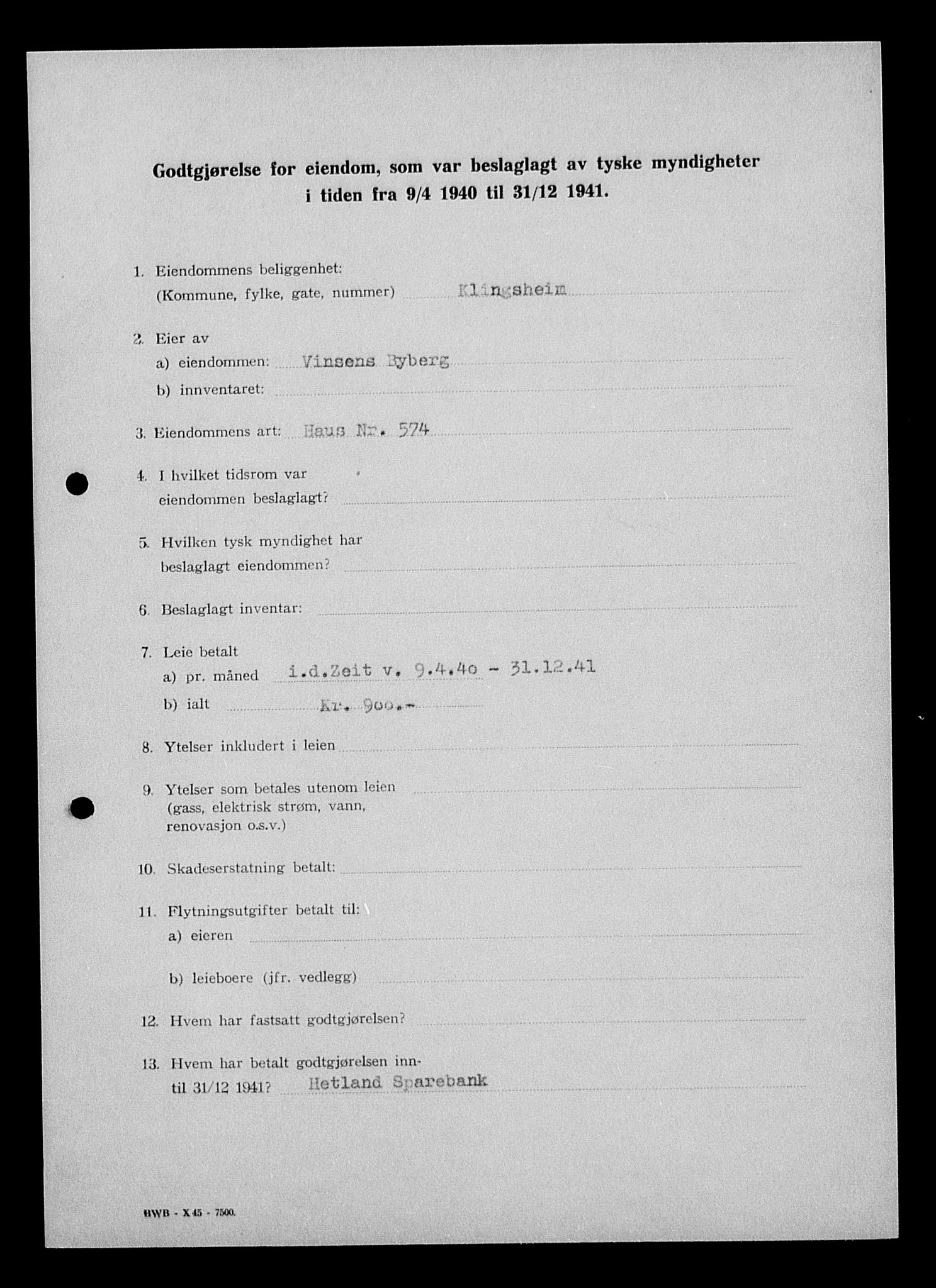 Justisdepartementet, Tilbakeføringskontoret for inndratte formuer, AV/RA-S-1564/I/L1014: Godtgjørelse for beslaglagt eiendom, 1940-1941, s. 213