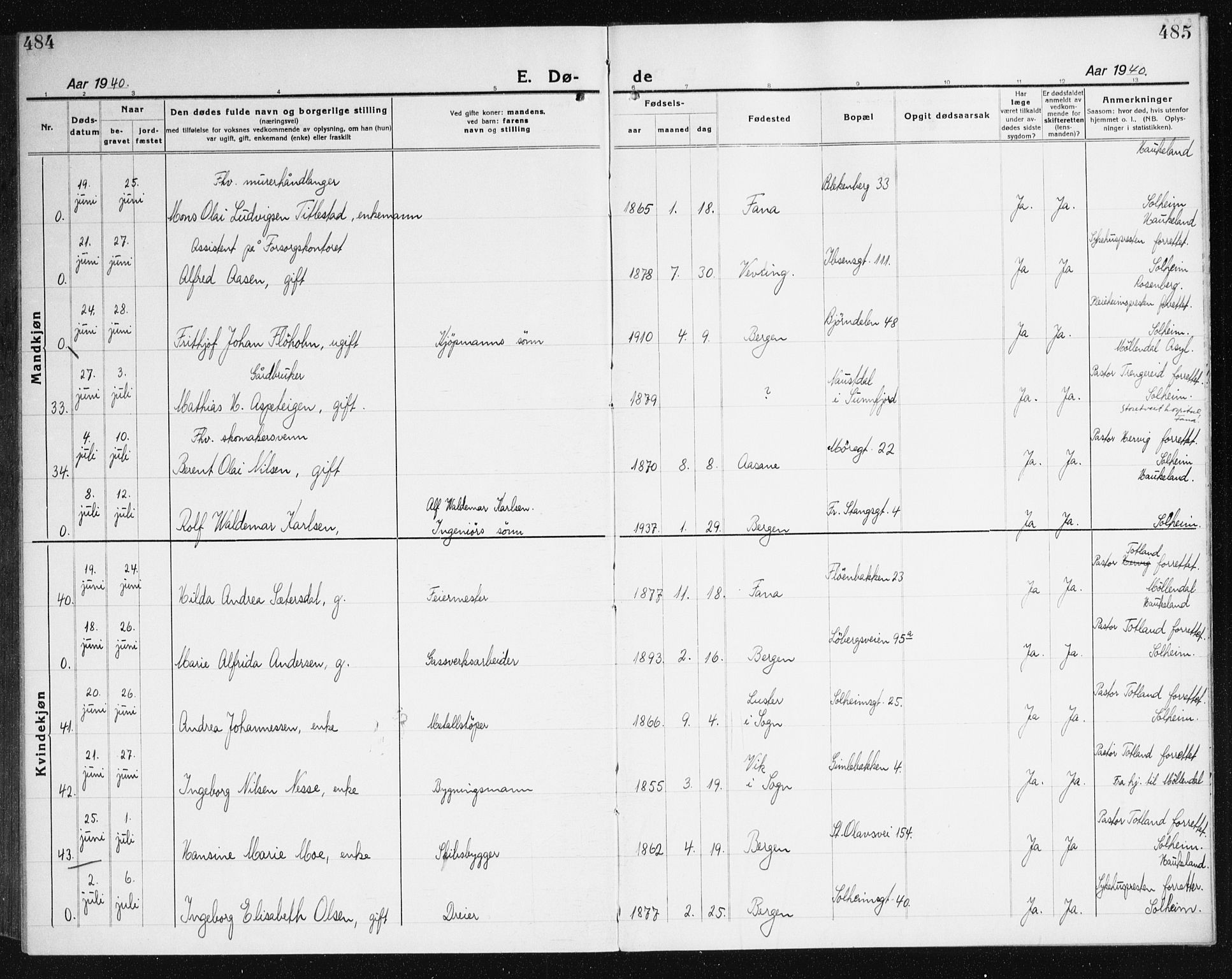 Årstad Sokneprestembete, AV/SAB-A-79301/H/Haa/L0010: Ministerialbok nr. E 1, 1921-1940, s. 484-485