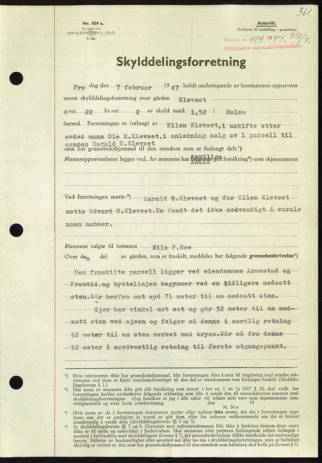 Nordmøre sorenskriveri, SAT/A-4132/1/2/2Ca: Pantebok nr. A104, 1947-1947, Dagboknr: 489/1947