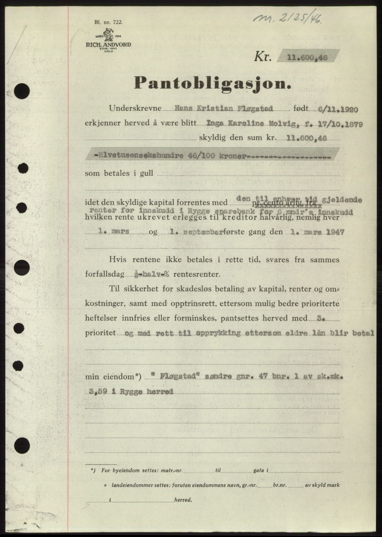 Moss sorenskriveri, SAO/A-10168: Pantebok nr. B15, 1946-1946, Dagboknr: 2125/1946
