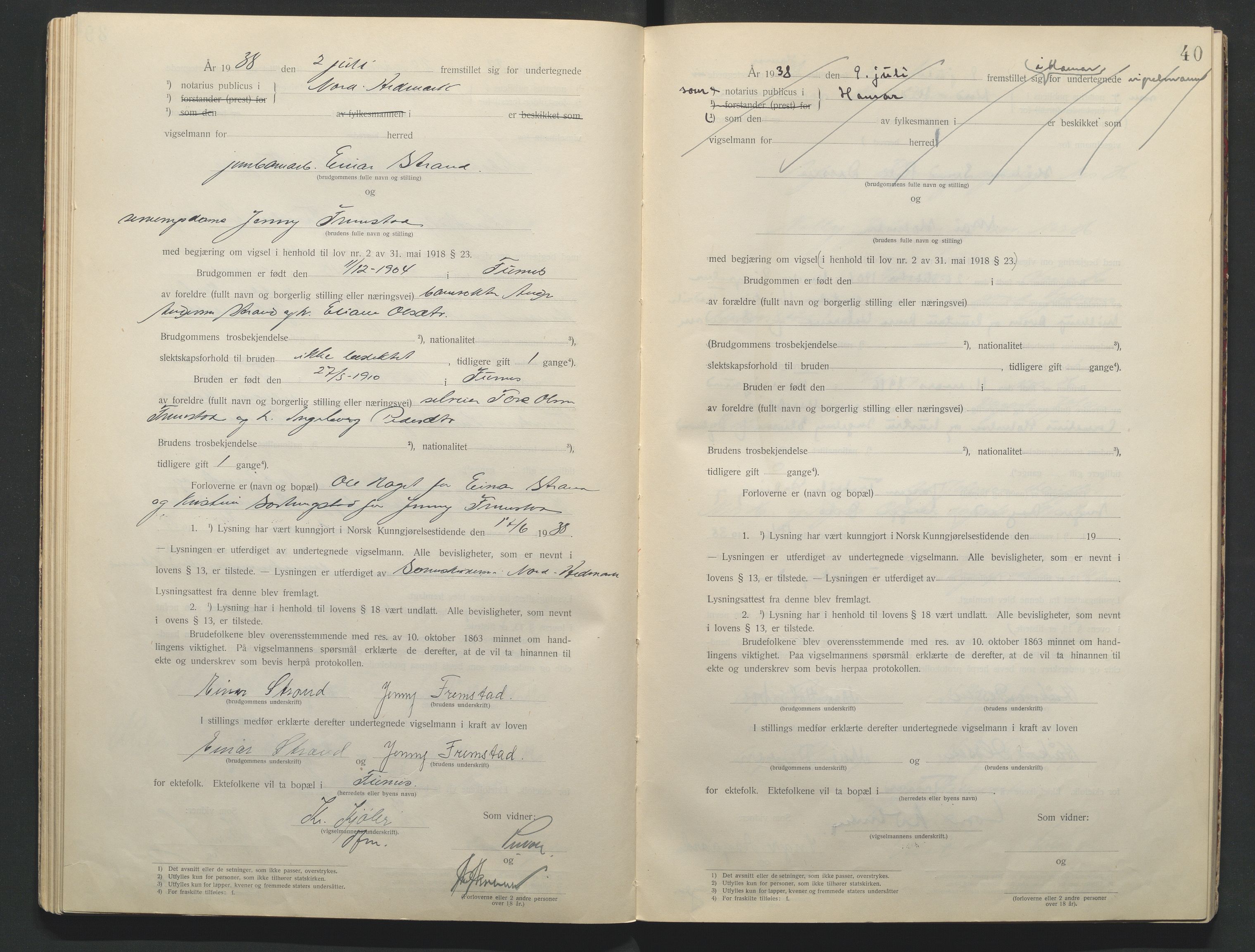 Nord-Hedmark sorenskriveri, AV/SAH-TING-012/L/Lc/L0001/0001: Vigselsprotokoller / Vigselsprotokoll, 1920-1942, s. 40
