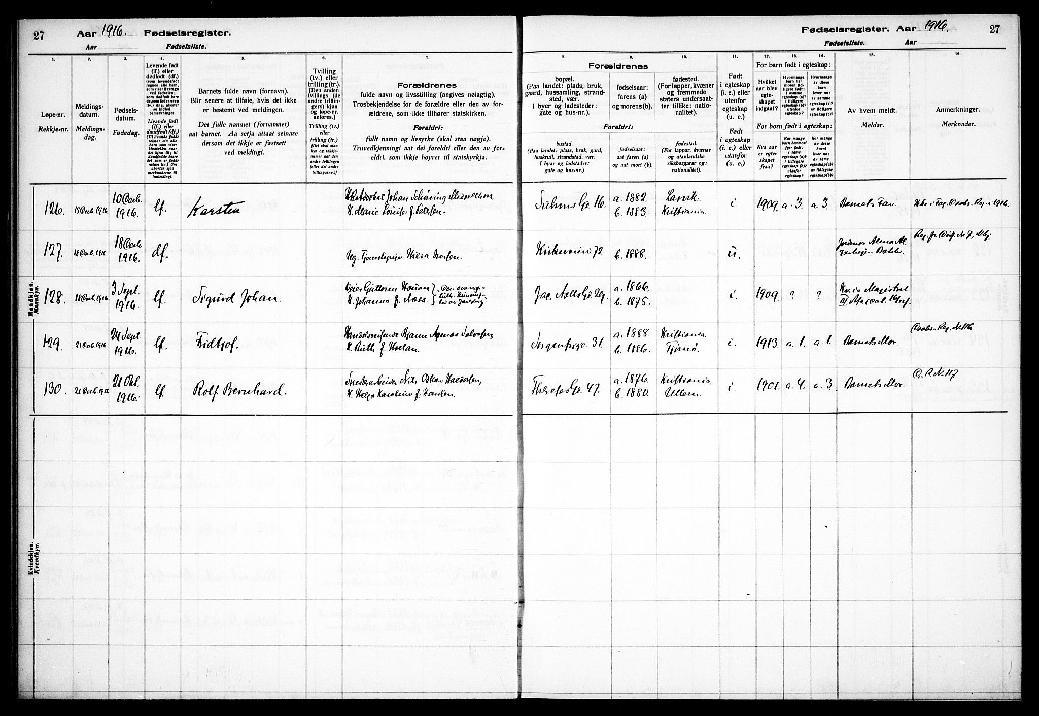 Fagerborg prestekontor Kirkebøker, AV/SAO-A-10844/J/Ja/L0001: Fødselsregister nr. 1, 1916-1925, s. 27