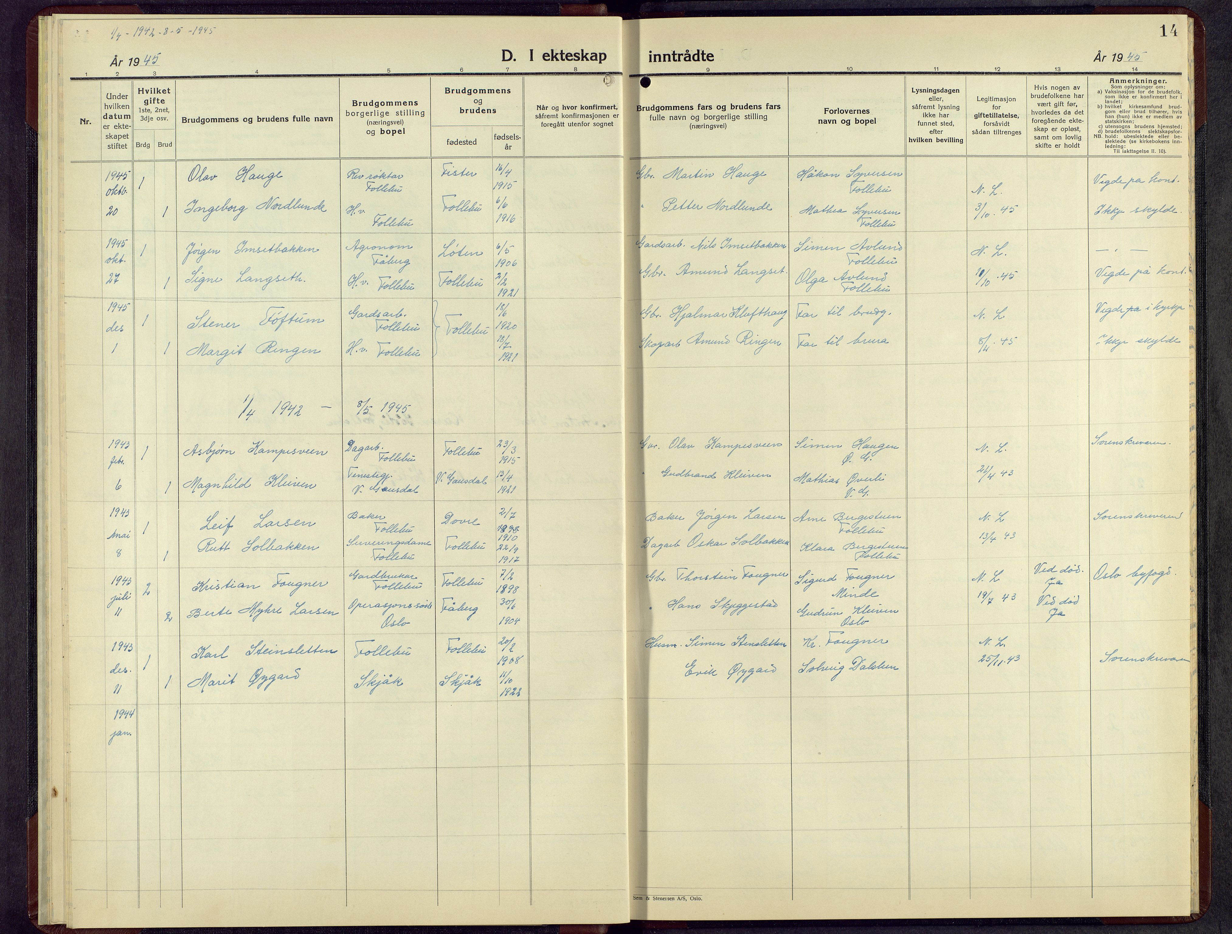 Østre Gausdal prestekontor, AV/SAH-PREST-092/H/Ha/Hab/L0010: Klokkerbok nr. 10, 1936-1962, s. 14
