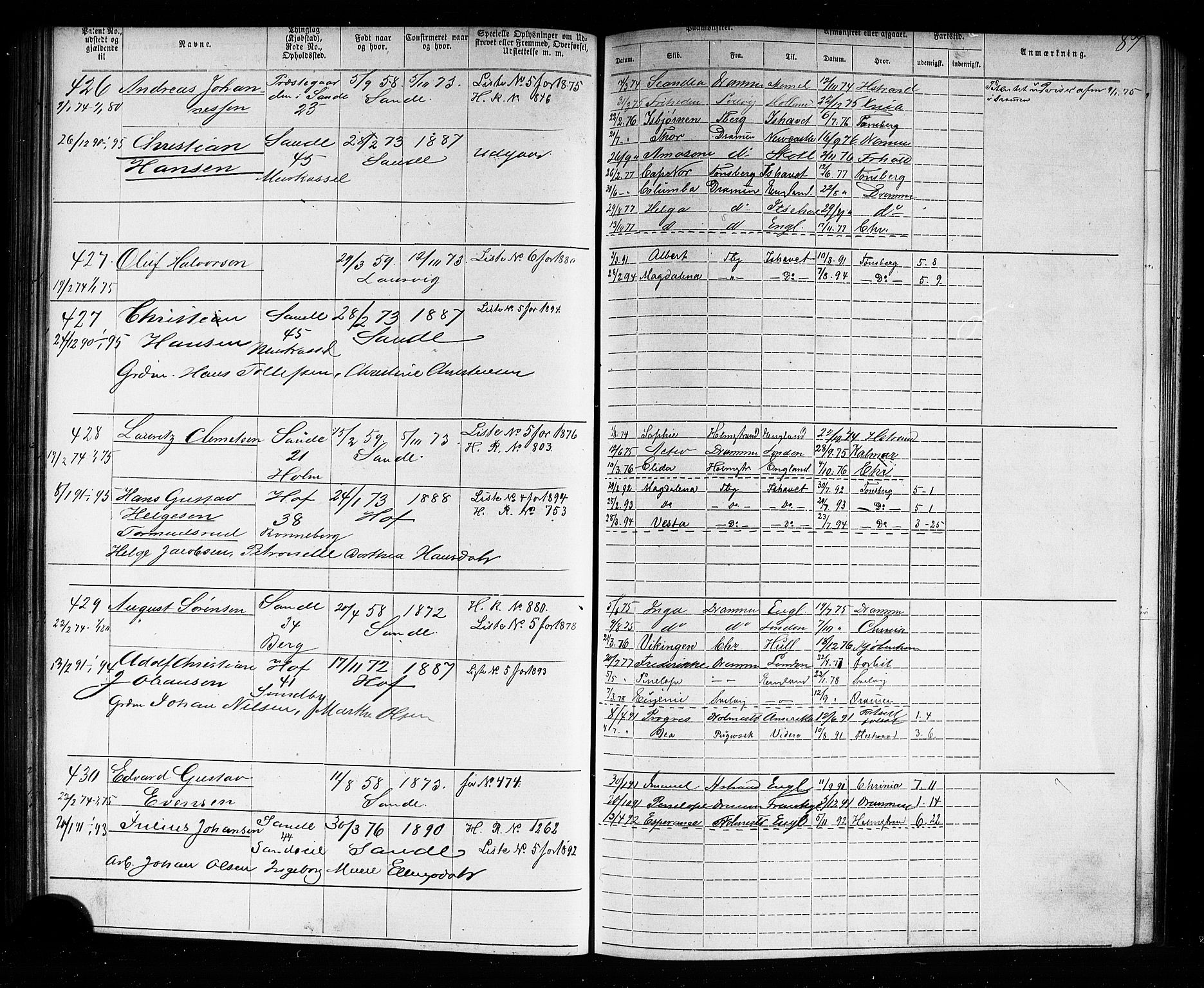 Holmestrand innrulleringskontor, AV/SAKO-A-1151/F/Fb/L0001: Annotasjonsrulle, 1868-1886, s. 89