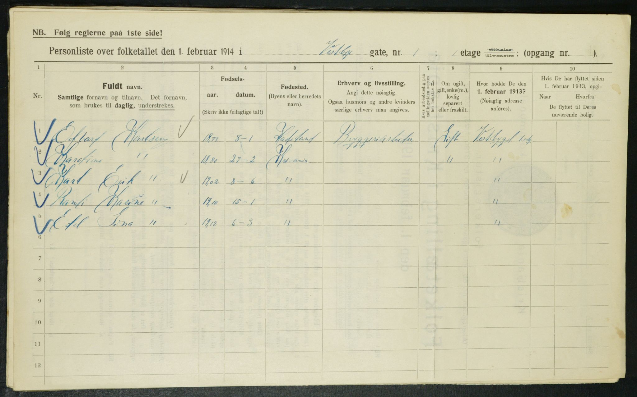 OBA, Kommunal folketelling 1.2.1914 for Kristiania, 1914, s. 123347