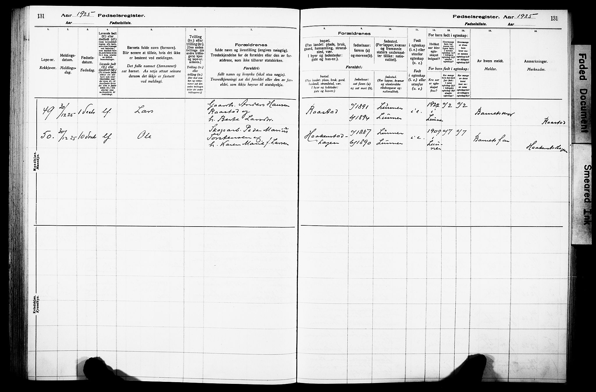 Lunner prestekontor, SAH/PREST-118/I/Id/L0001: Fødselsregister nr. 1, 1916-1932, s. 131