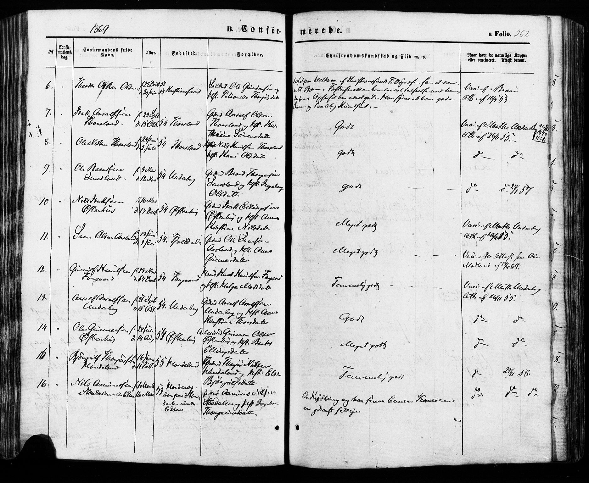 Åseral sokneprestkontor, AV/SAK-1111-0051/F/Fa/L0002: Ministerialbok nr. A 2, 1854-1884, s. 262