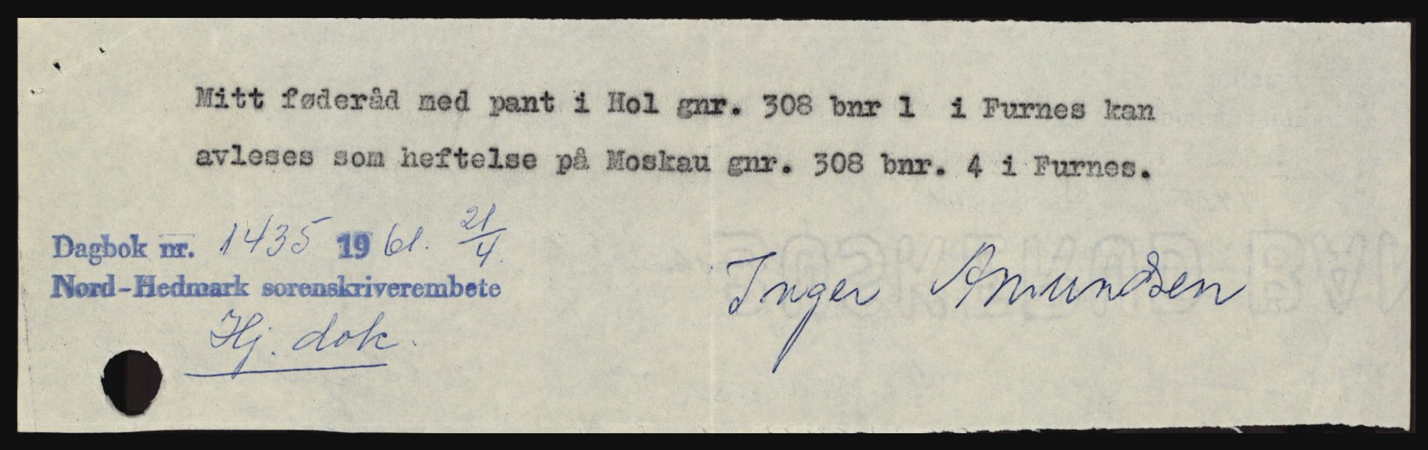 Nord-Hedmark sorenskriveri, SAH/TING-012/H/Hc/L0015: Pantebok nr. 15, 1961-1961, Dagboknr: 1435/1961