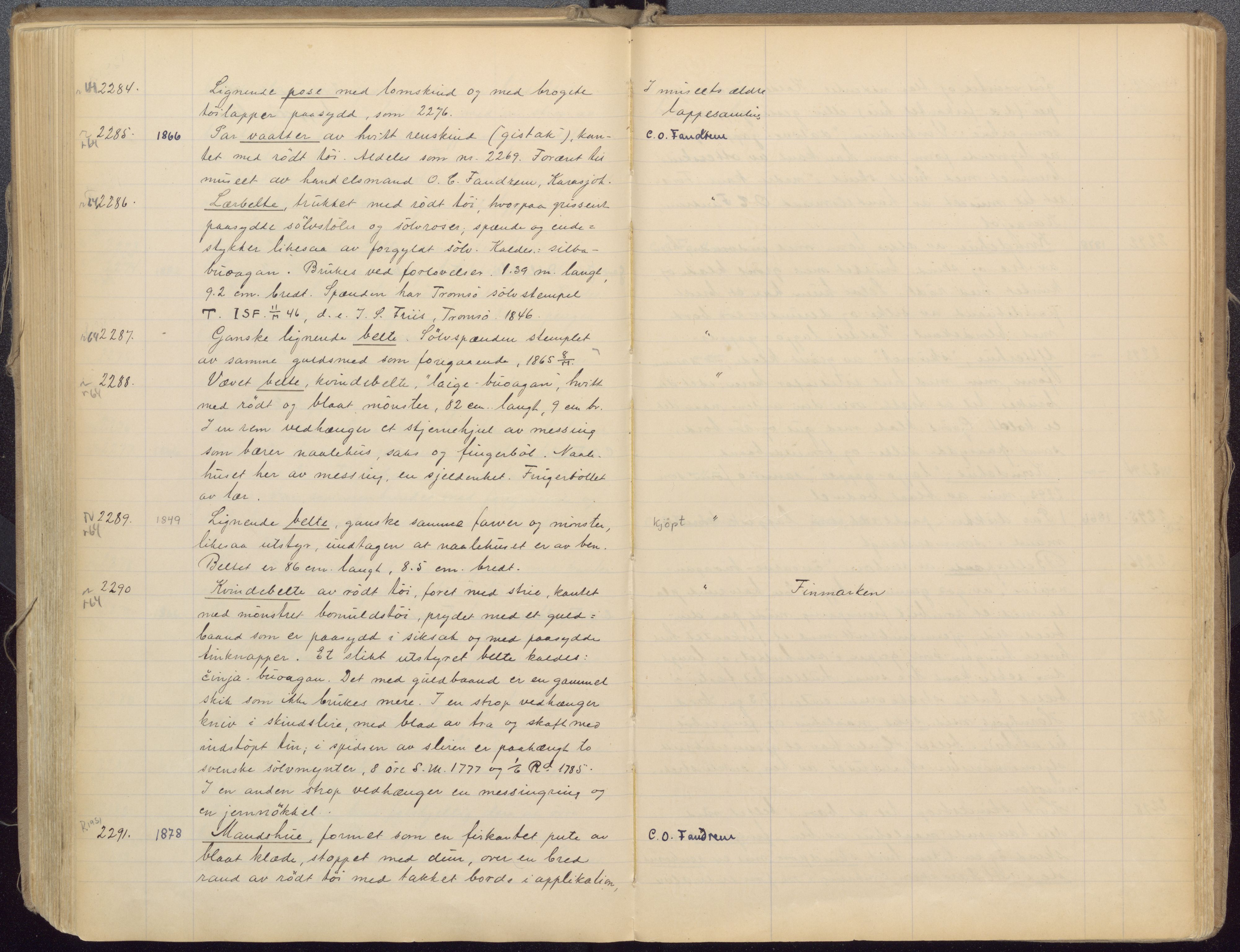 Etnografiske samlinger, UMB/A004/F/Fa/L0001: Katalog over den etnografiske samling 1 - 2800, 1894-1921, s. 399, 400