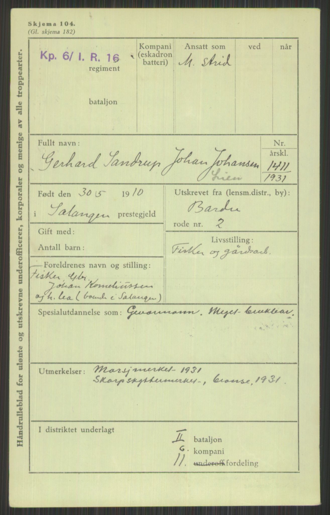 Forsvaret, Troms infanteriregiment nr. 16, AV/RA-RAFA-3146/P/Pa/L0015: Rulleblad for regimentets menige mannskaper, årsklasse 1931, 1931, s. 715