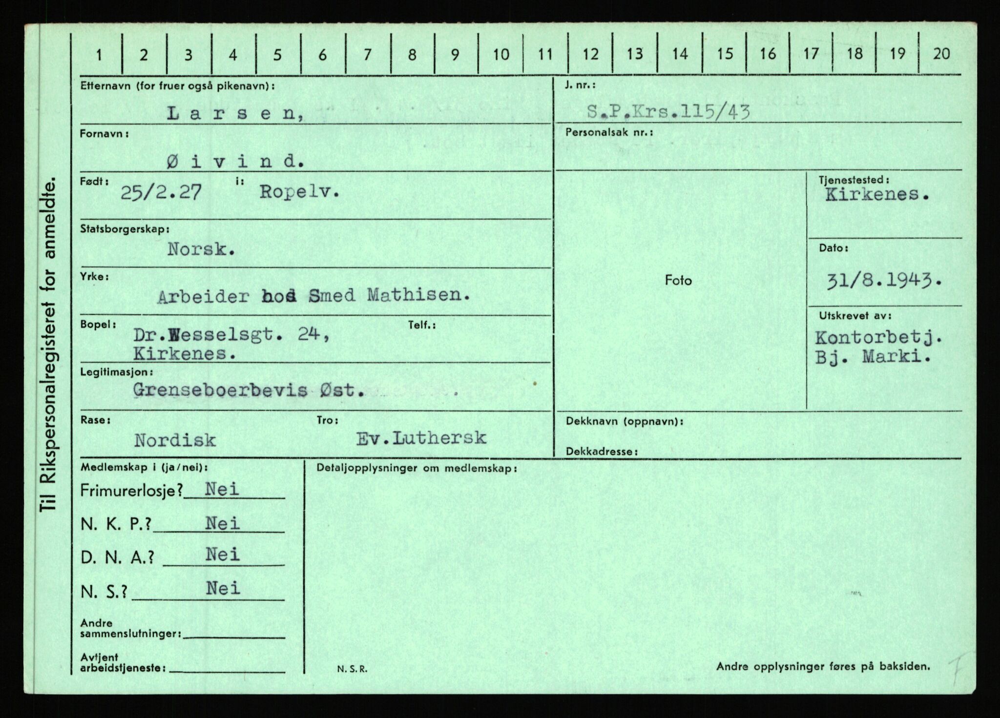 Statspolitiet - Hovedkontoret / Osloavdelingen, AV/RA-S-1329/C/Ca/L0009: Knutsen - Limstrand, 1943-1945, s. 3939