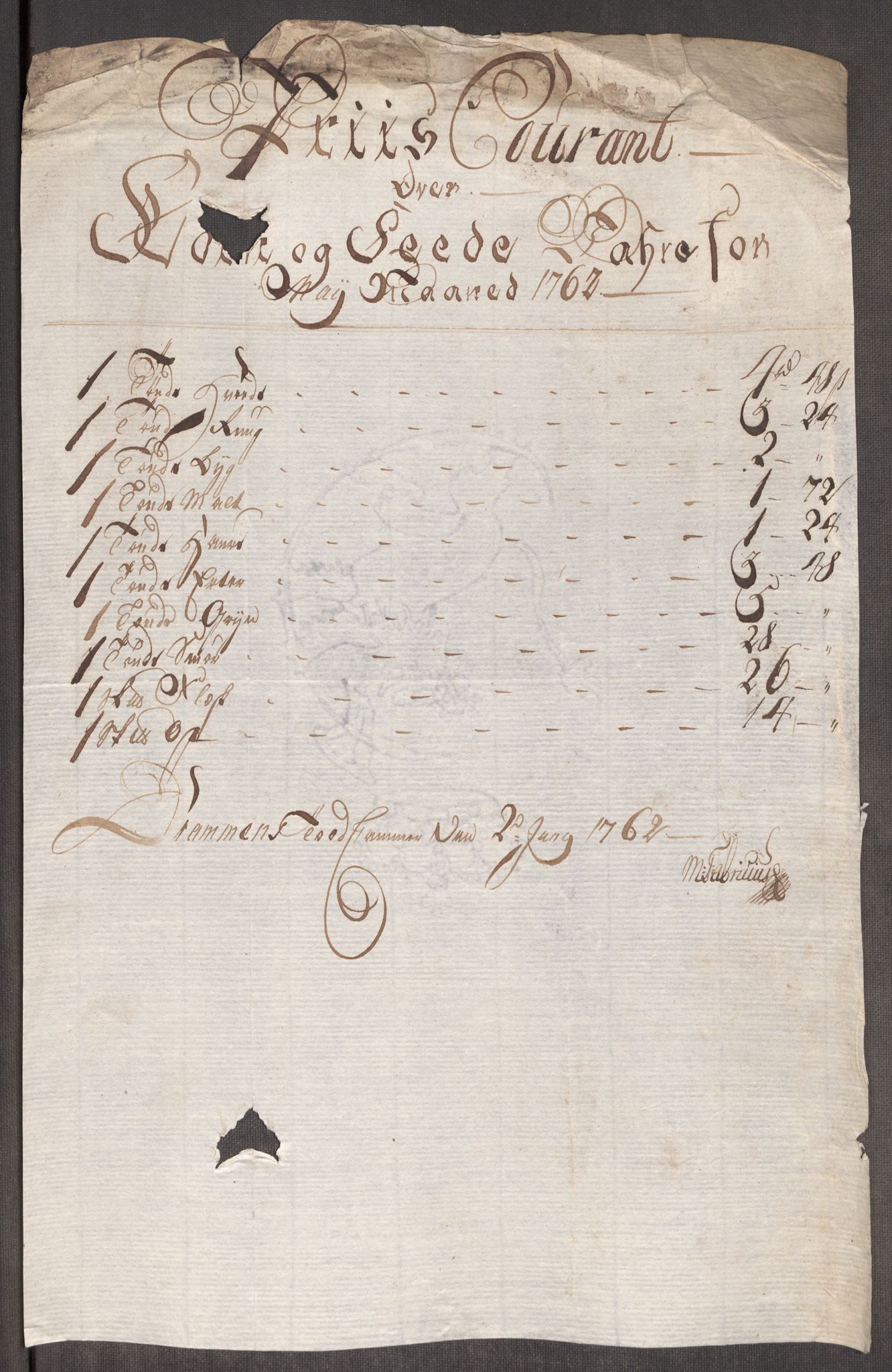 Rentekammeret inntil 1814, Realistisk ordnet avdeling, AV/RA-EA-4070/Oe/L0007: [Ø1]: Priskuranter, 1761-1763, s. 376