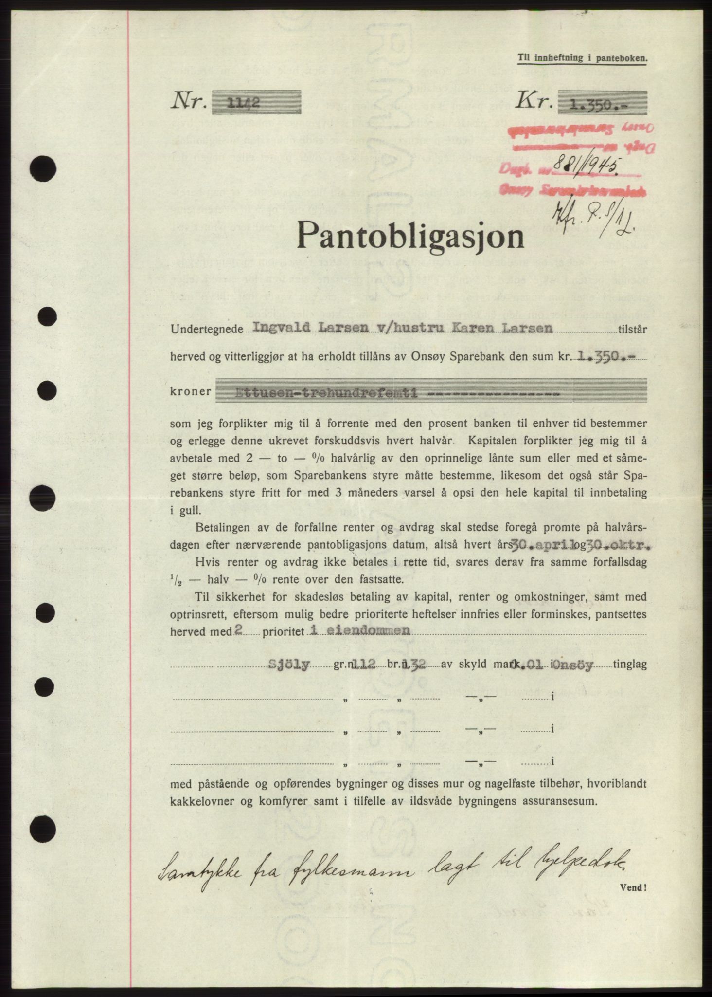 Onsøy sorenskriveri, SAO/A-10474/G/Ga/Gac/L0004: Pantebok nr. B4, 1944-1946, Dagboknr: 881/1945