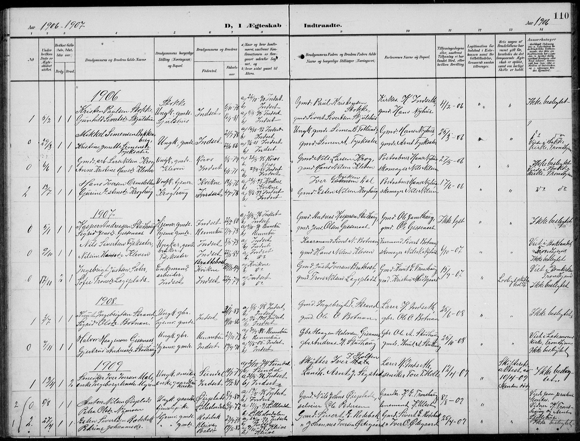 Kvikne prestekontor, AV/SAH-PREST-064/H/Ha/Hab/L0004: Klokkerbok nr. 4, 1902-1937, s. 110